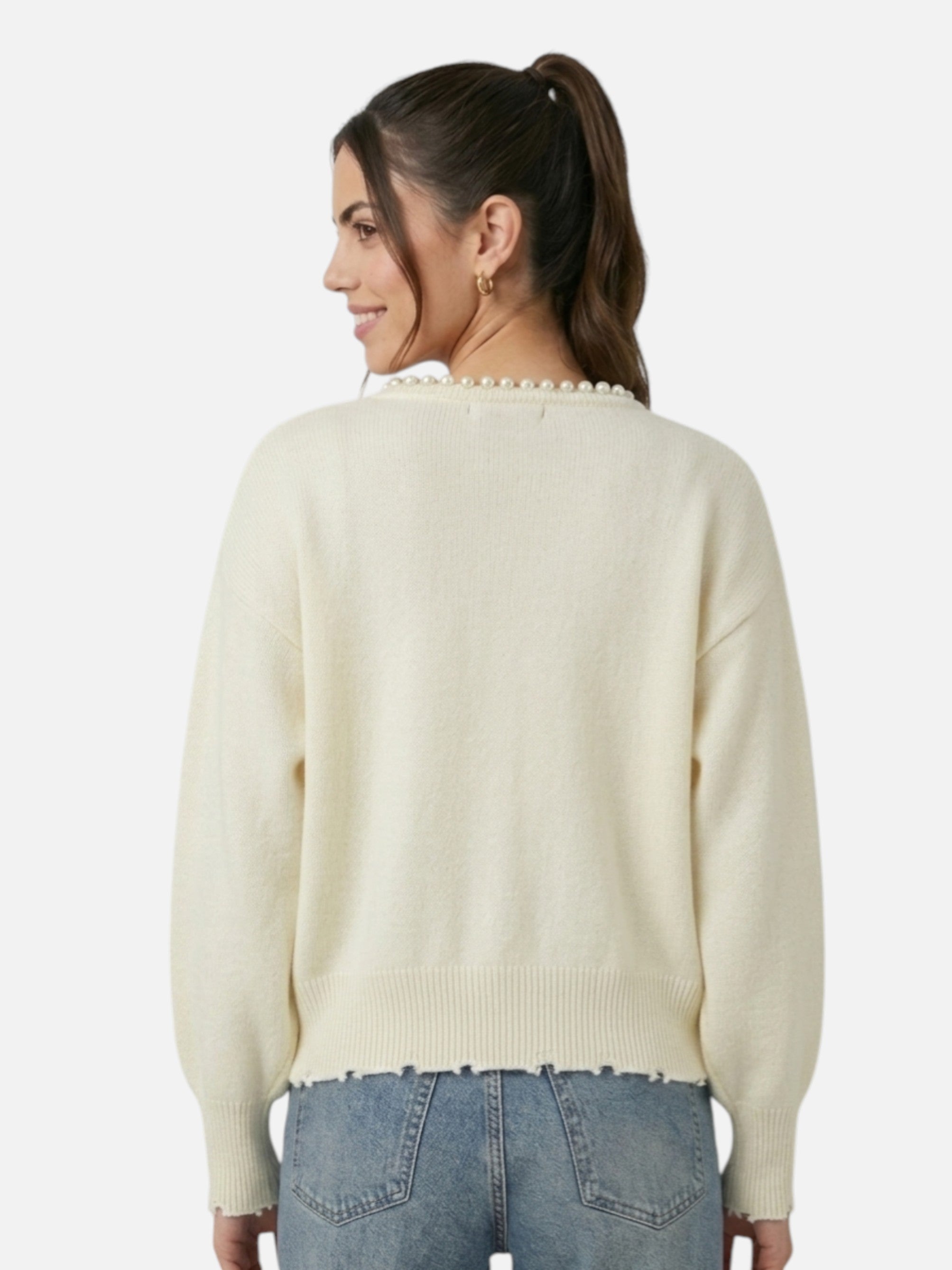 Cardigan élégant à perles col rond pour femme