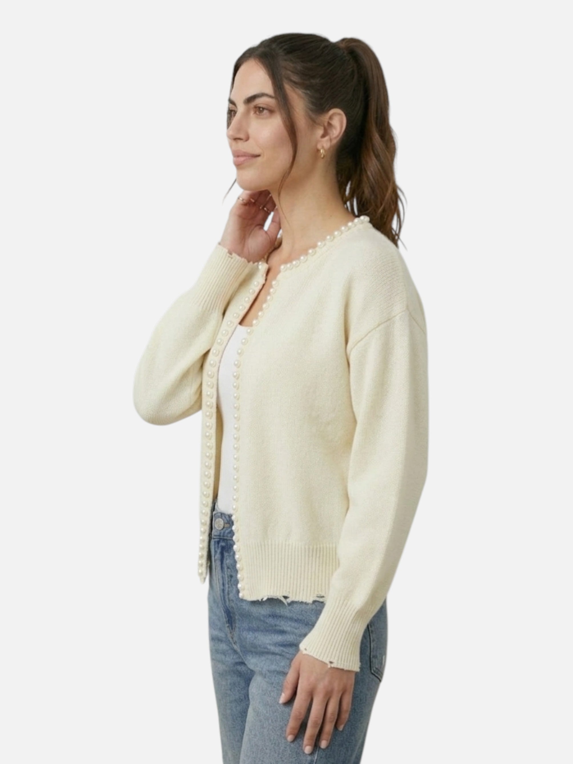 Cardigan élégant à perles col rond pour femme