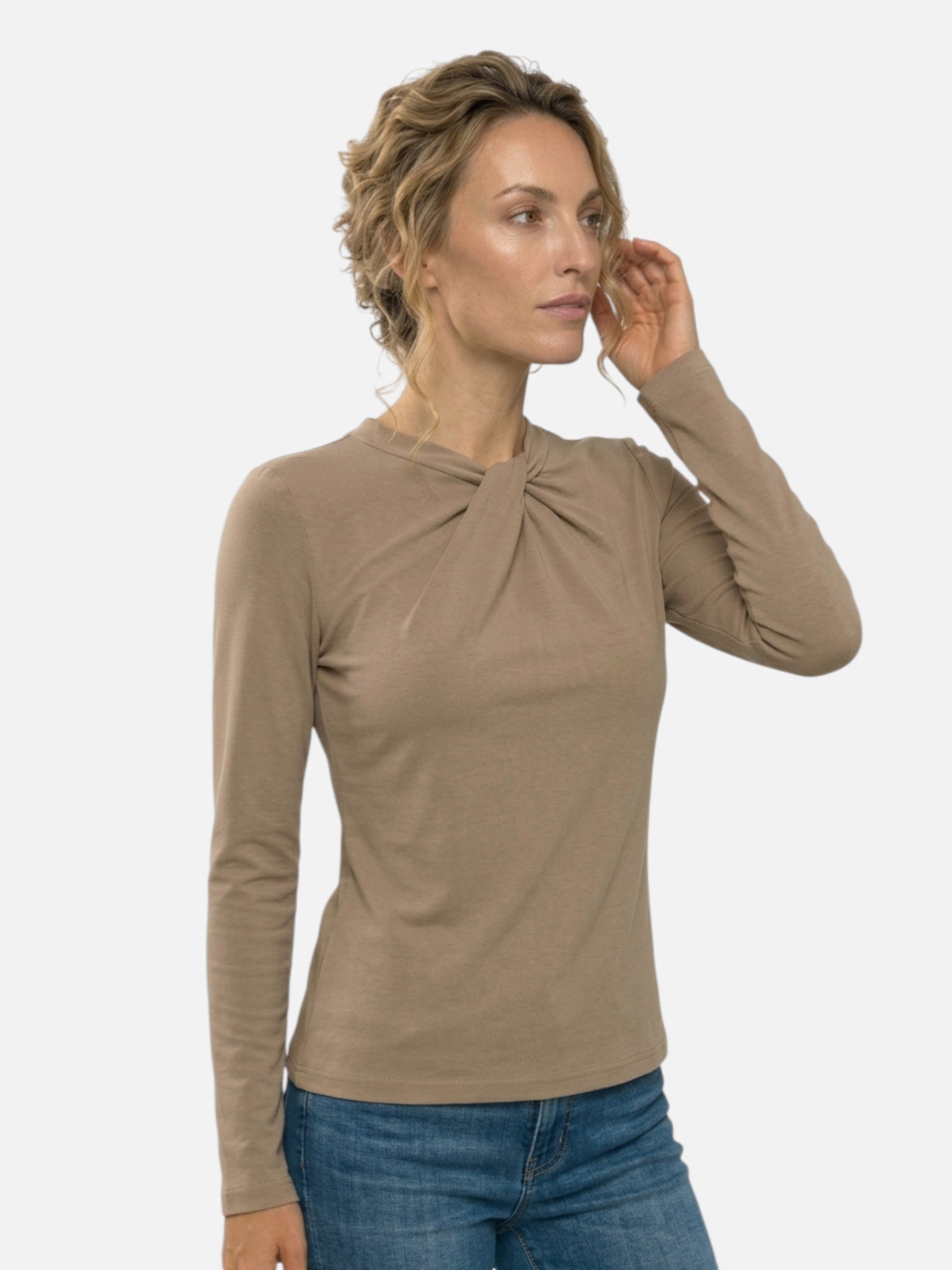 Top à col drapé torsadé à manches longues pour femme