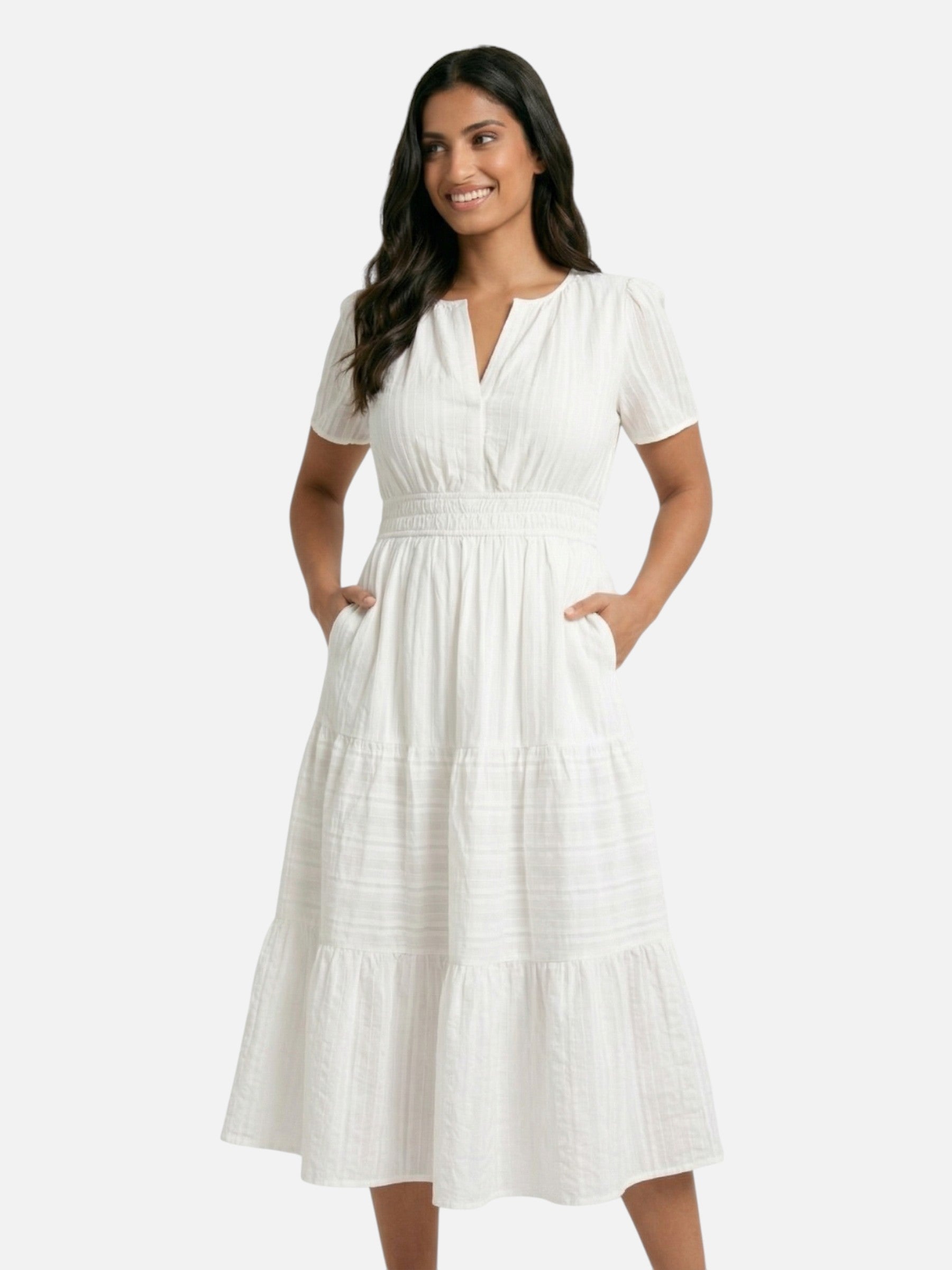 Long flowing women's dress with smocked waist, elegant summer style