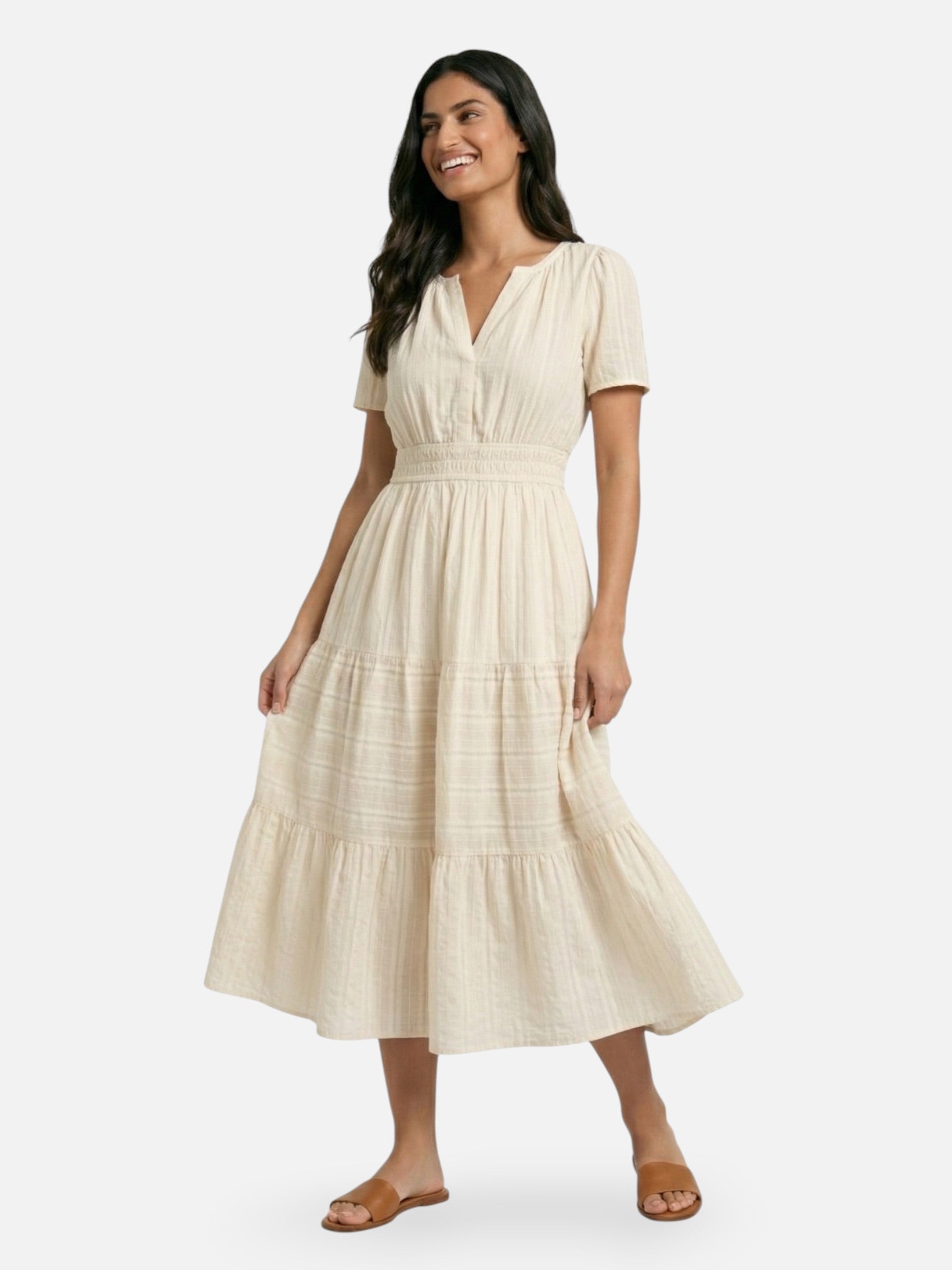 Long flowing women's dress with smocked waist, elegant summer style