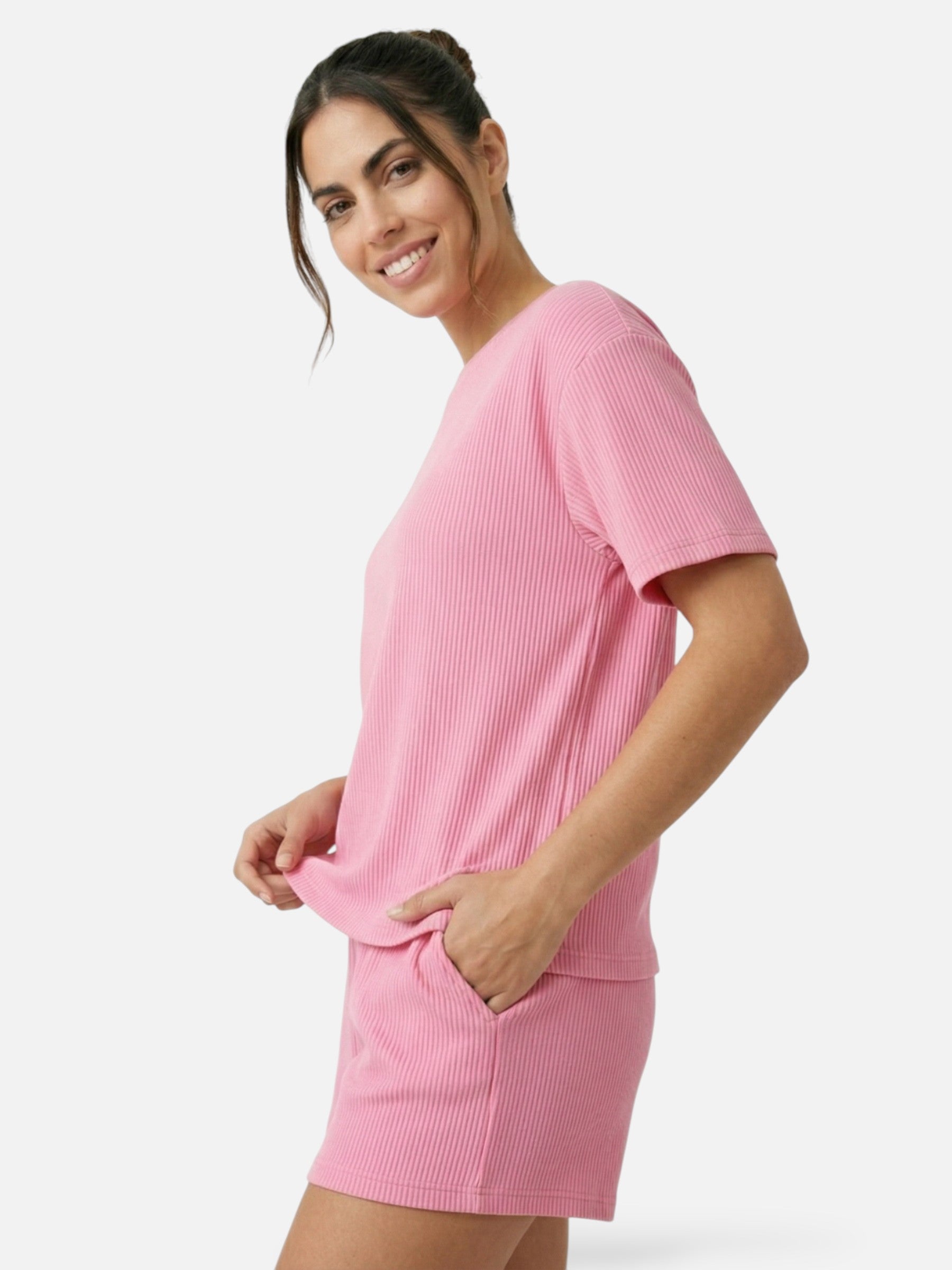 Ensemble femme short et t-shirt manches courtes côtelé