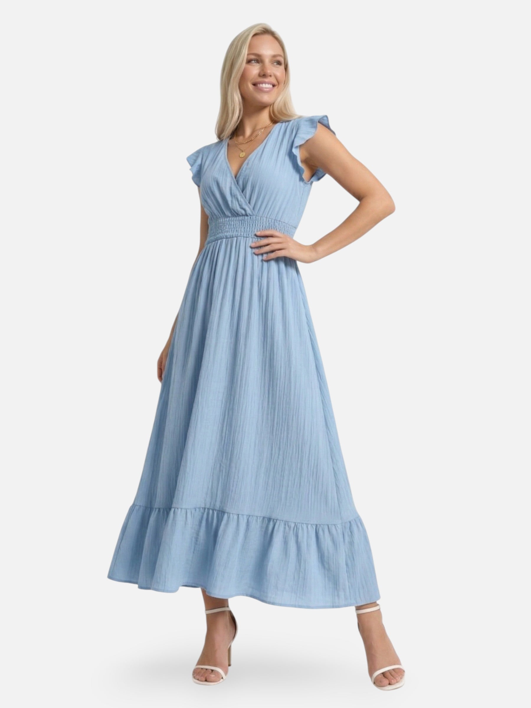 Long flowing women's dress with V-neck and flutter sleeves