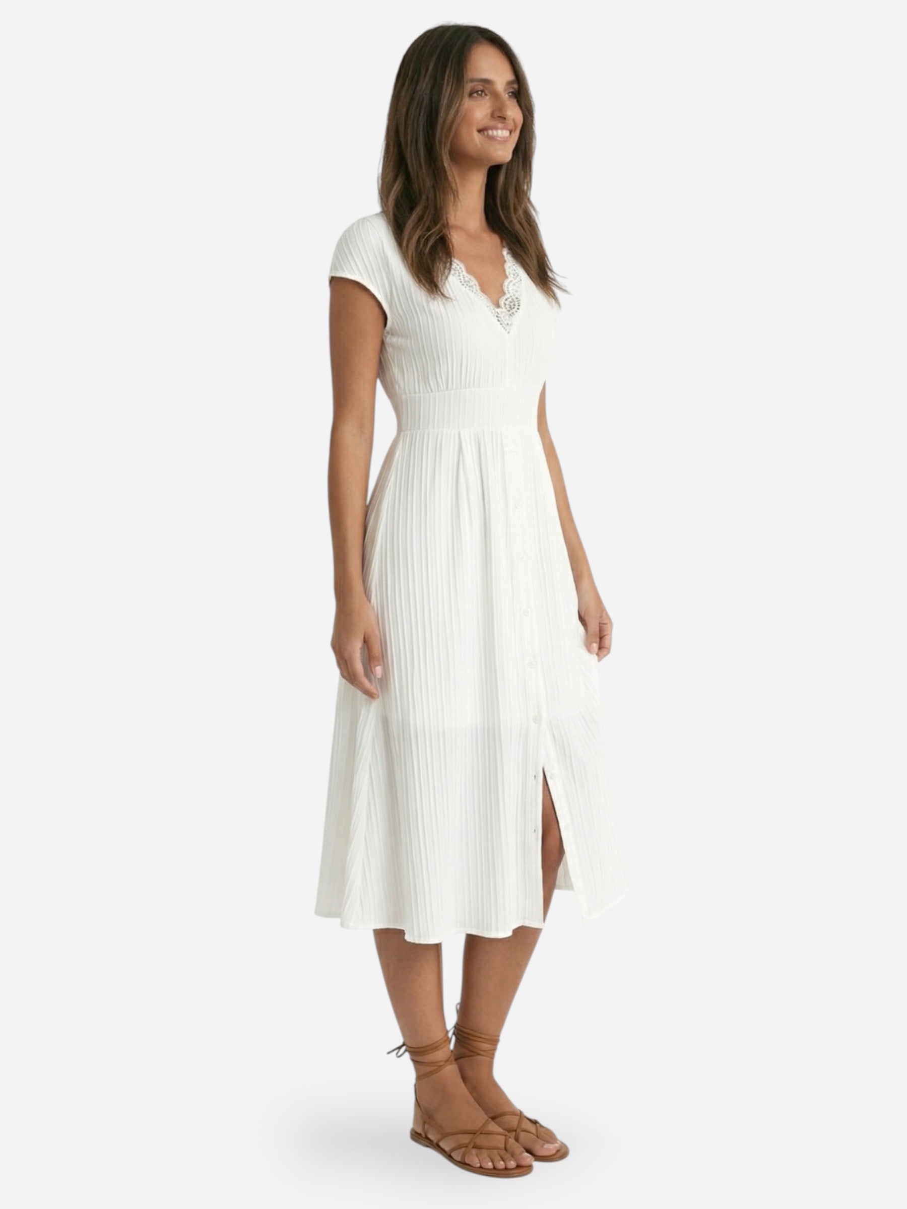 Pleated midi women's dress with V-neck and lace