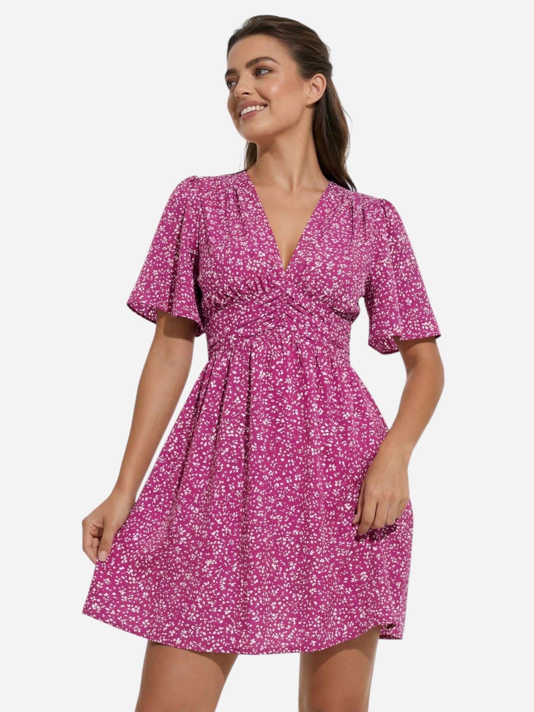 Robe femme courte fluide à imprimé avec col V et taille marquée