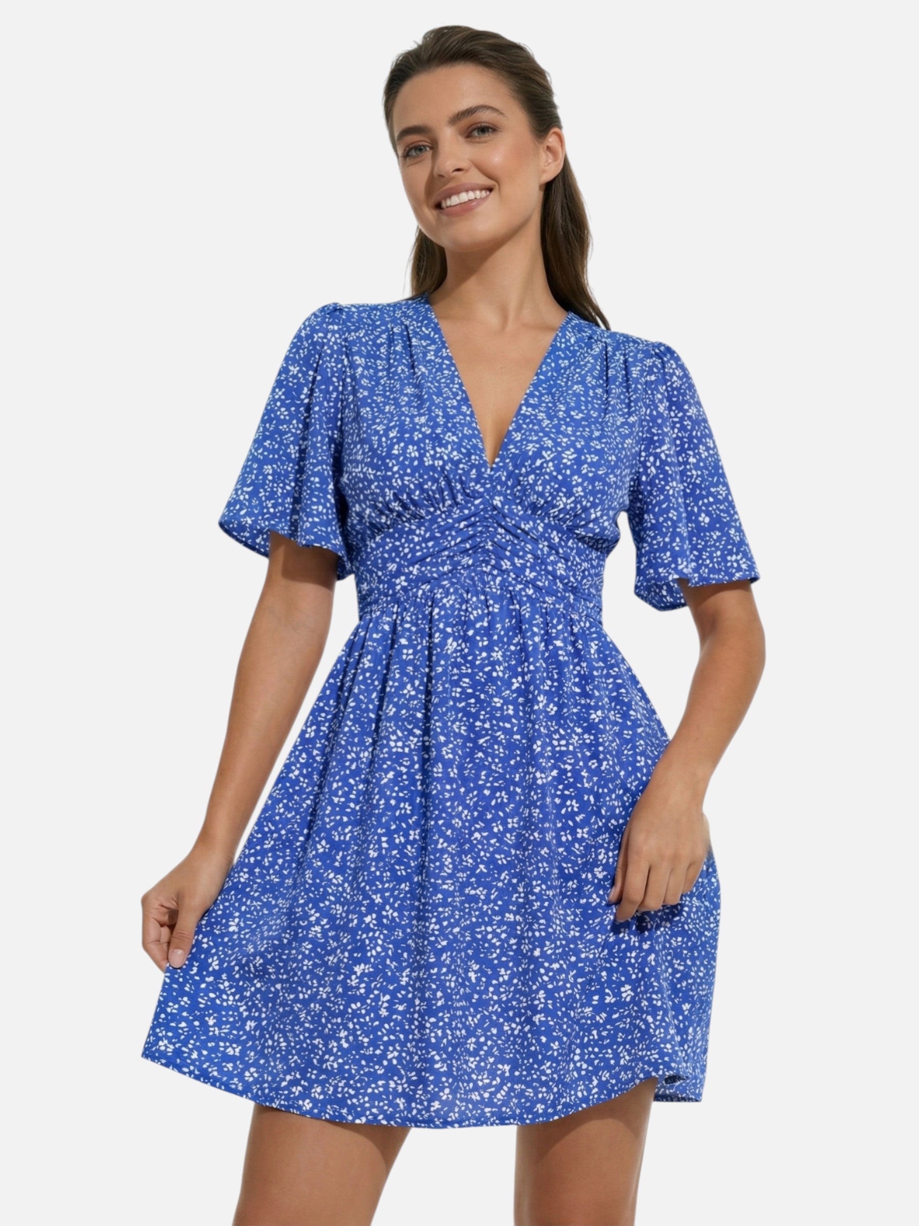 Robe femme courte fluide à imprimé avec col V et taille marquée