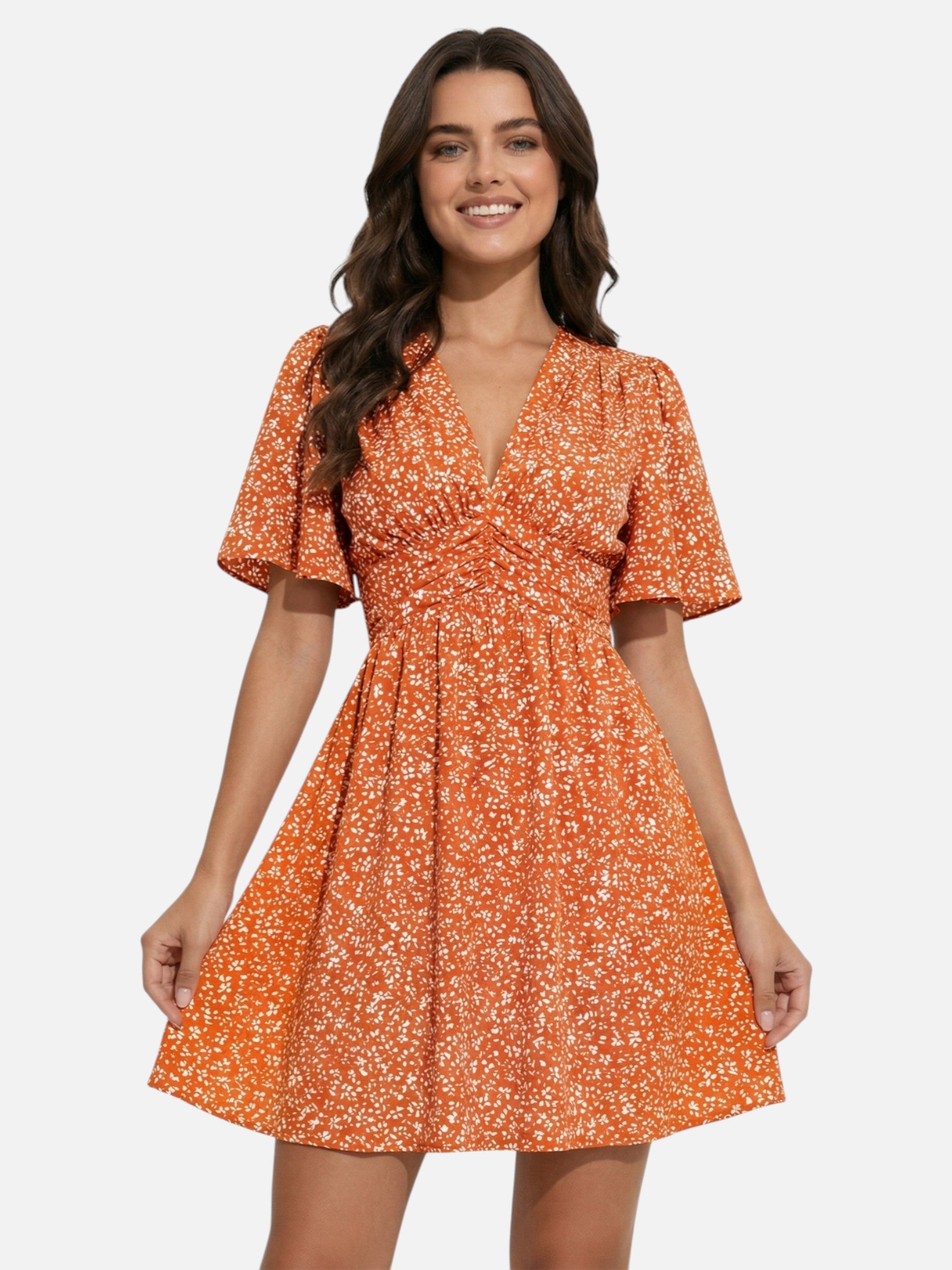 Robe femme courte fluide à imprimé avec col V et taille marquée