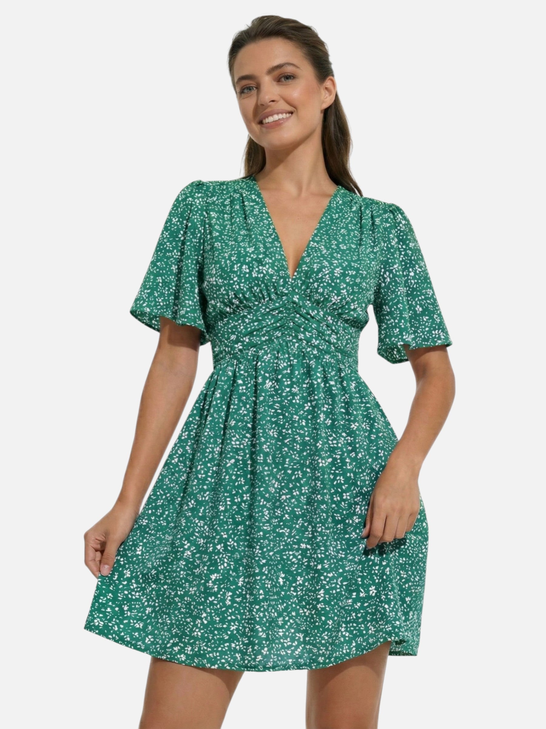 Robe femme courte fluide à imprimé avec col V et taille marquée