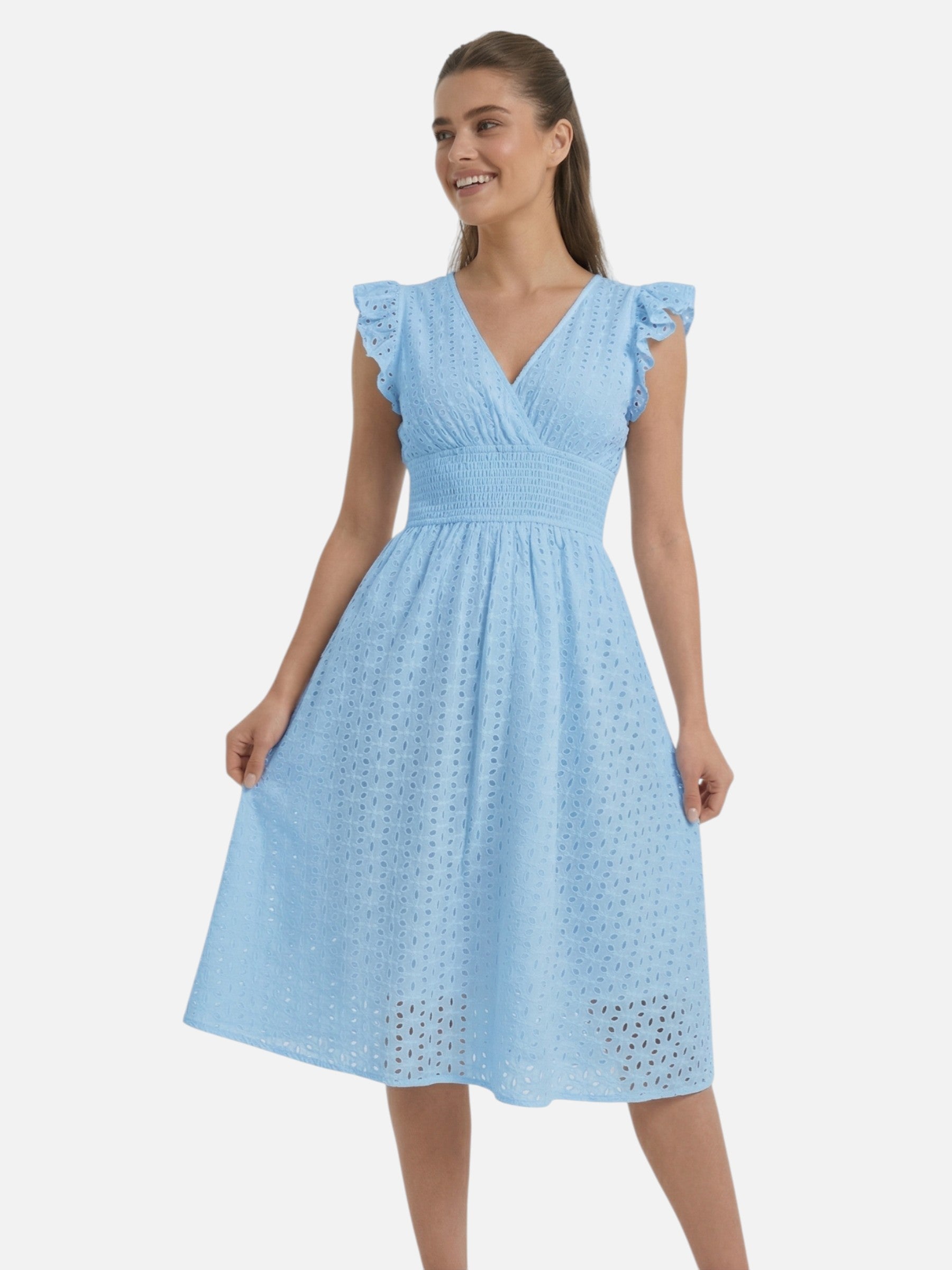 Robe midi femme col cache-cœur manches volantées été
