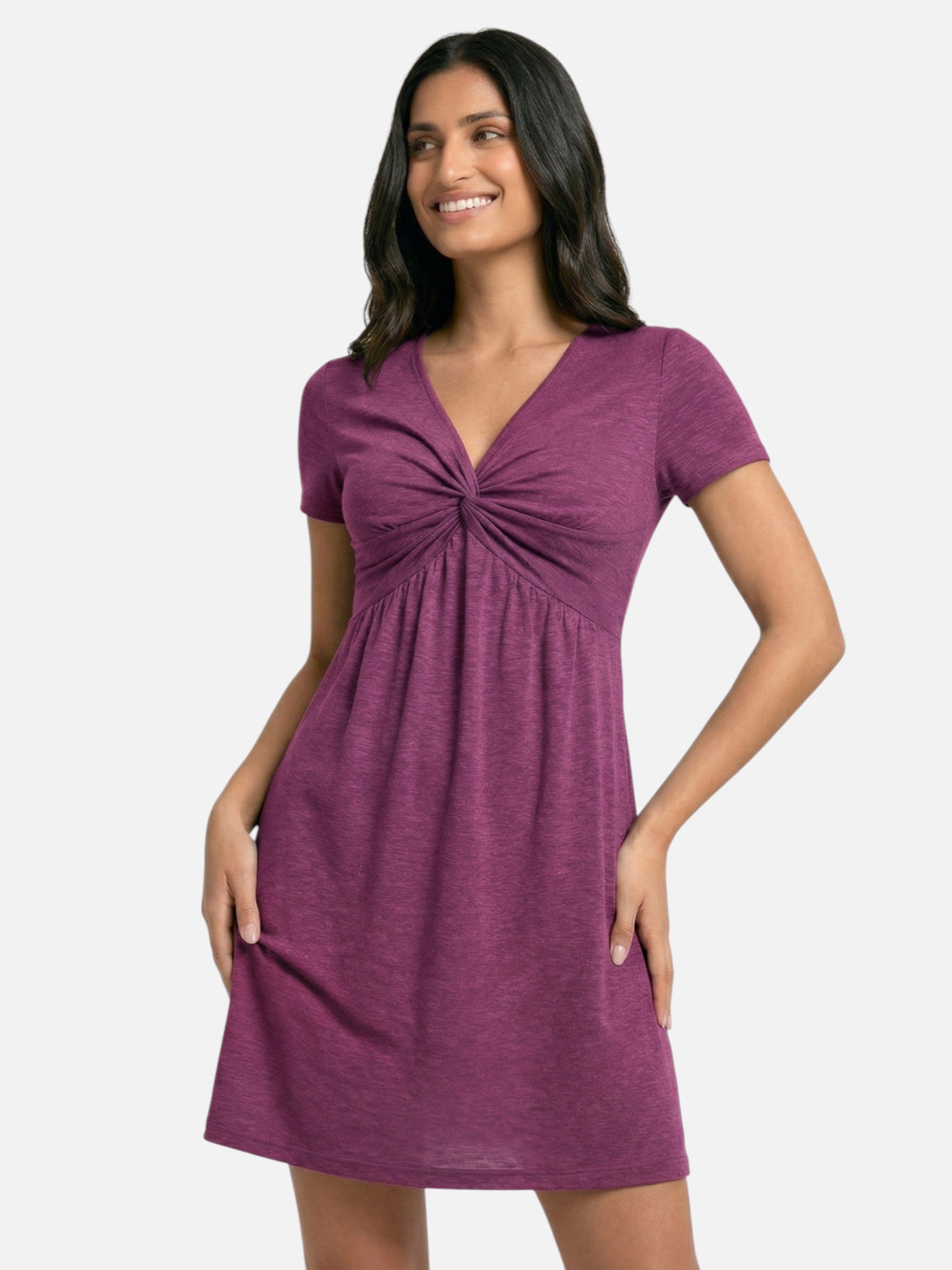 Robe courte fluide col V drapé manches courtes coupe évasée été pour femme