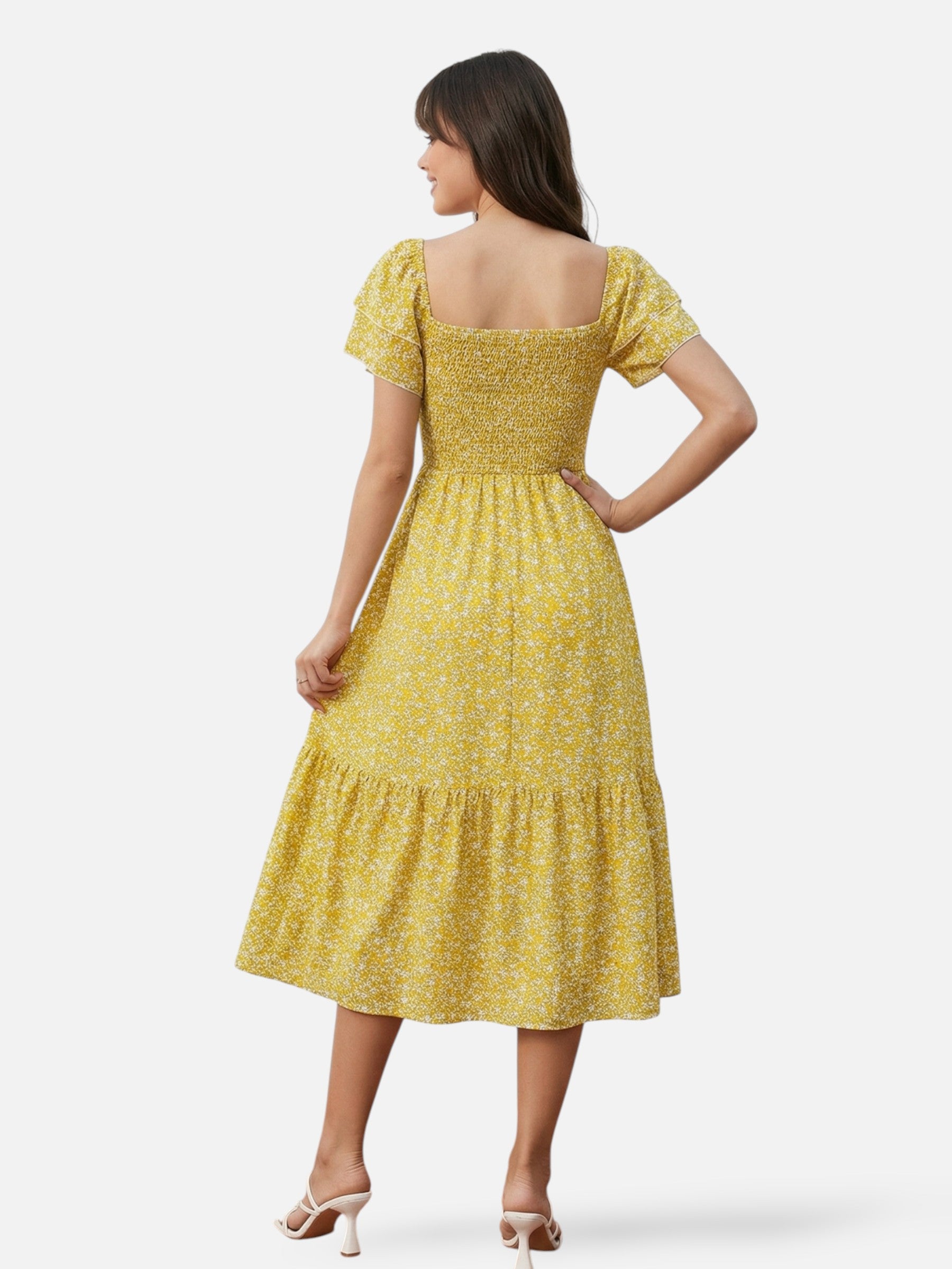 Robe midi fleurie à manches volantées et taille smockée pour femme