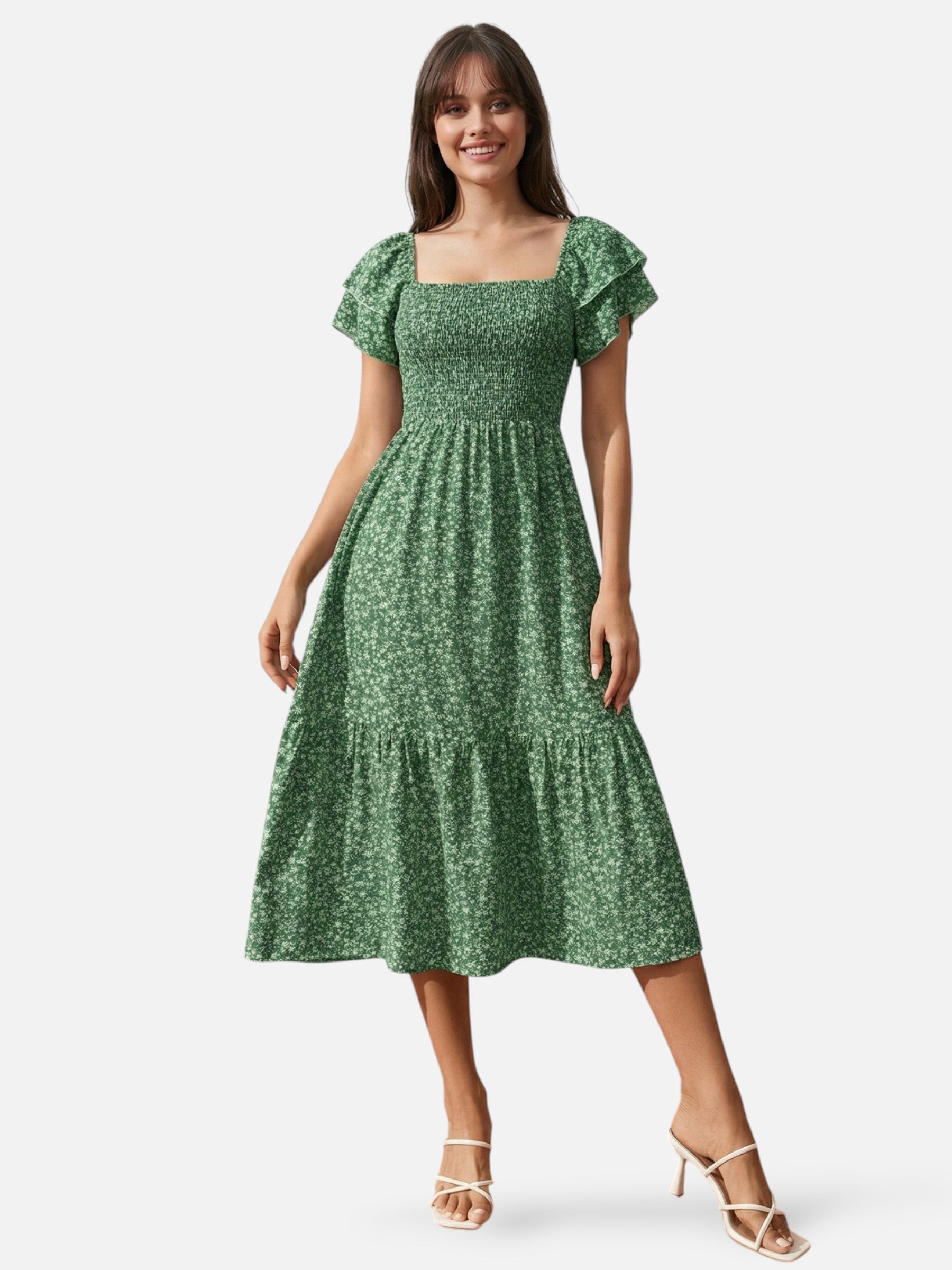 Robe midi fleurie à manches volantées et taille smockée pour femme