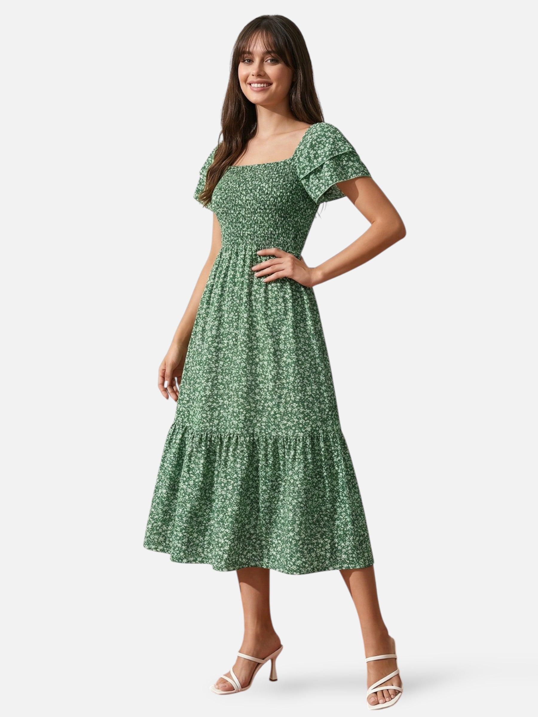 Robe midi fleurie à manches volantées et taille smockée pour femme