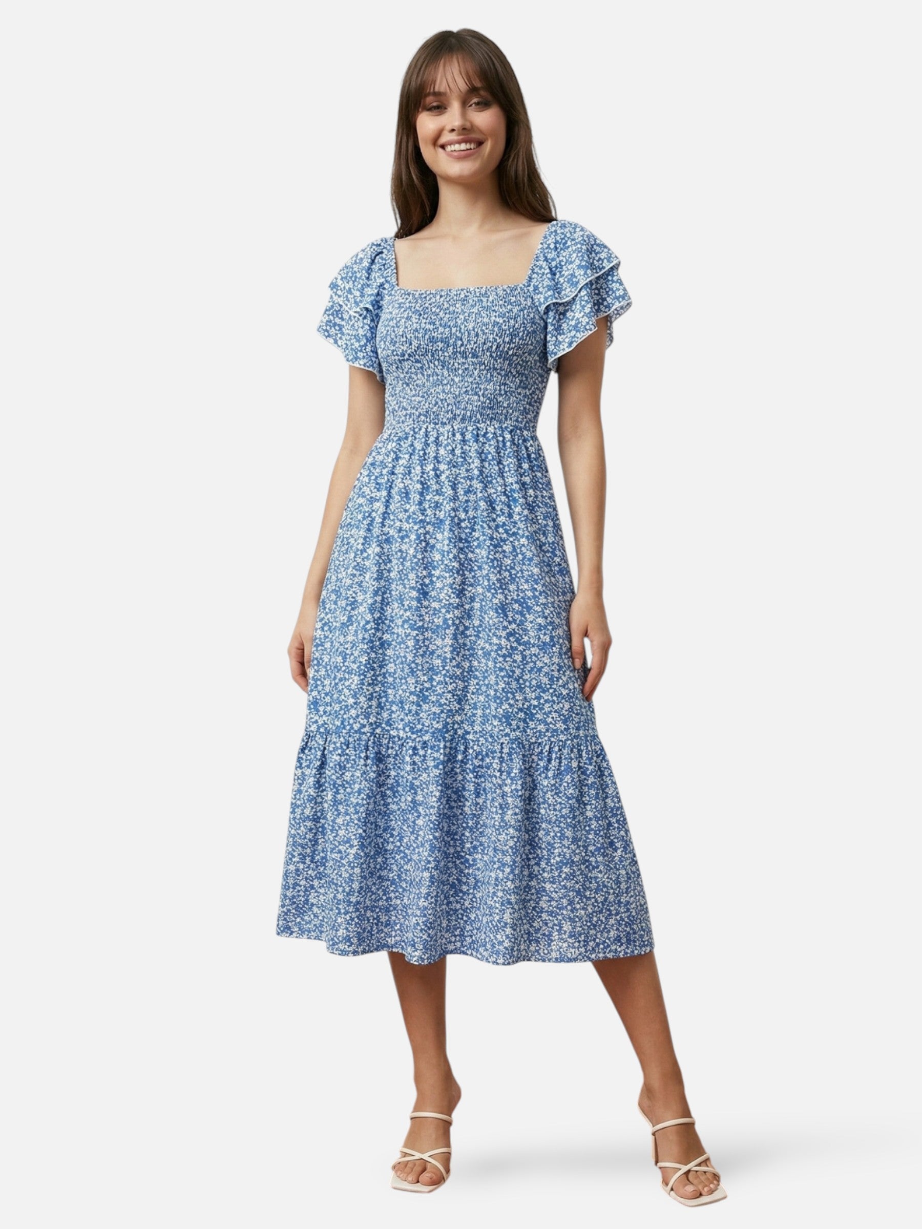Robe midi fleurie à manches volantées et taille smockée pour femme
