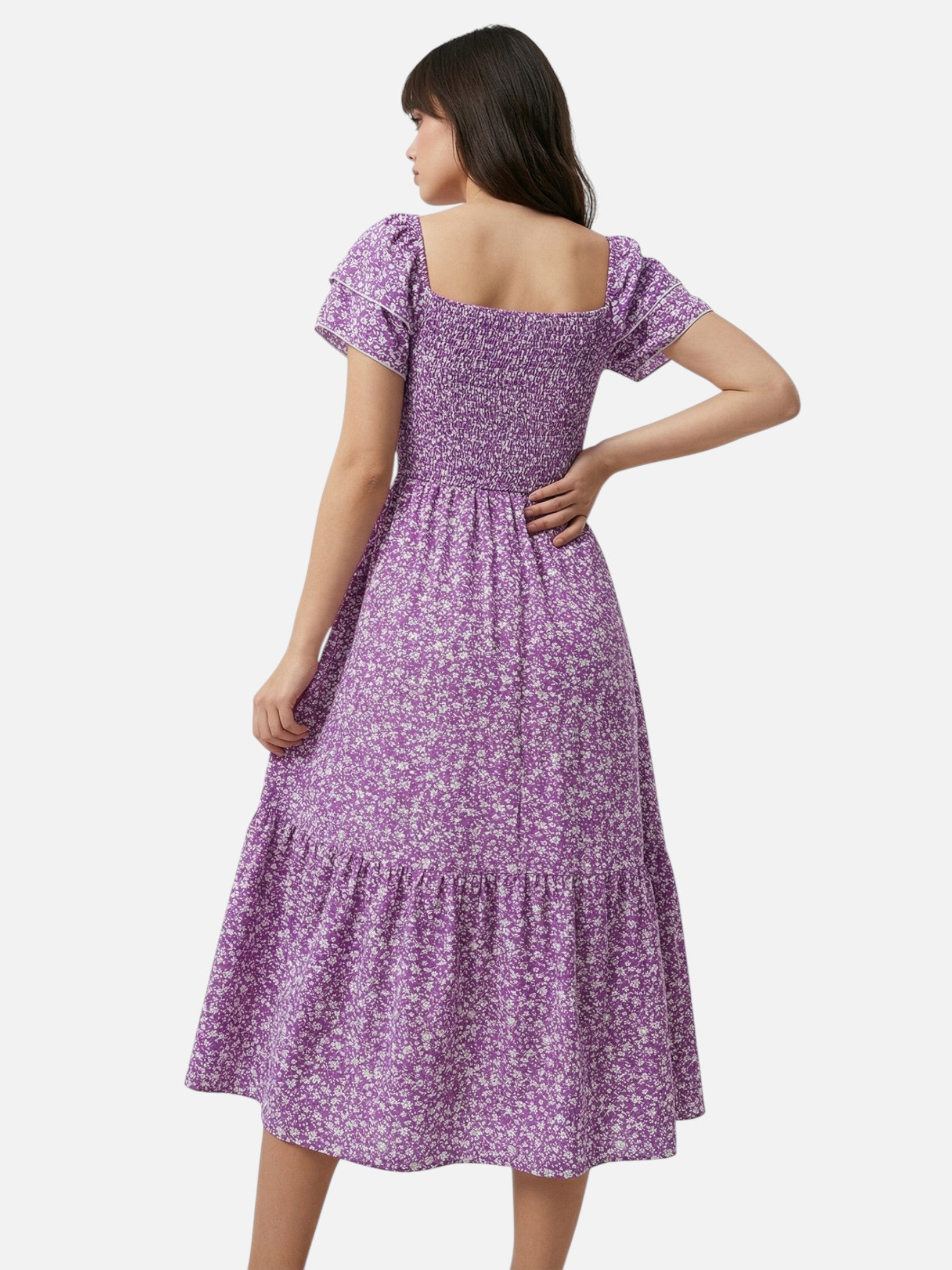 Robe midi fleurie à manches volantées et taille smockée pour femme