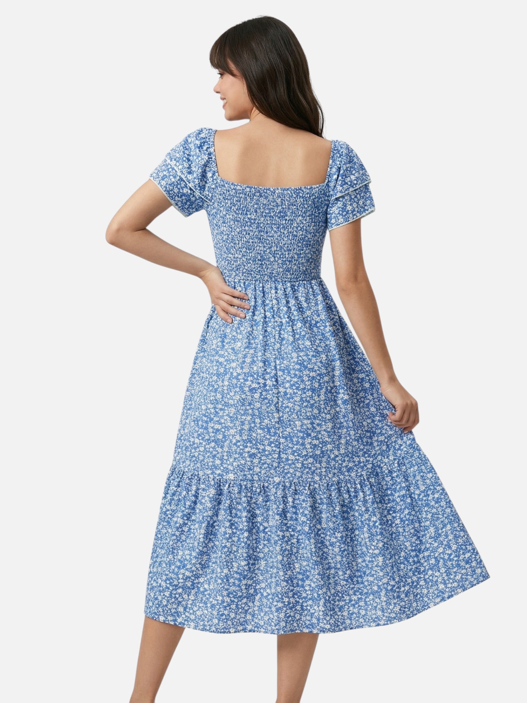 Robe midi fleurie à manches volantées et taille smockée pour femme