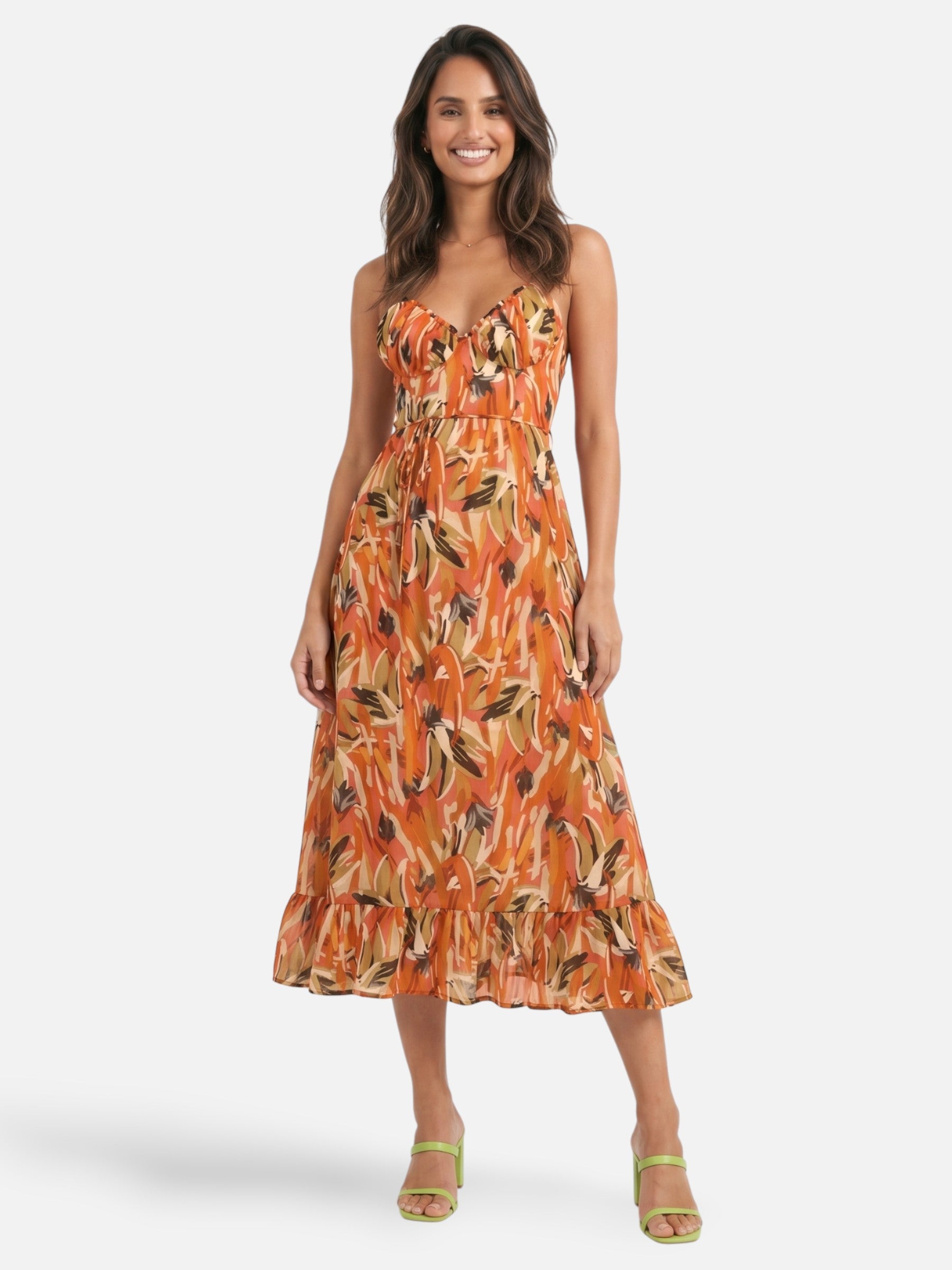 Robe longue fluide à imprimé coloré et bretelles fines