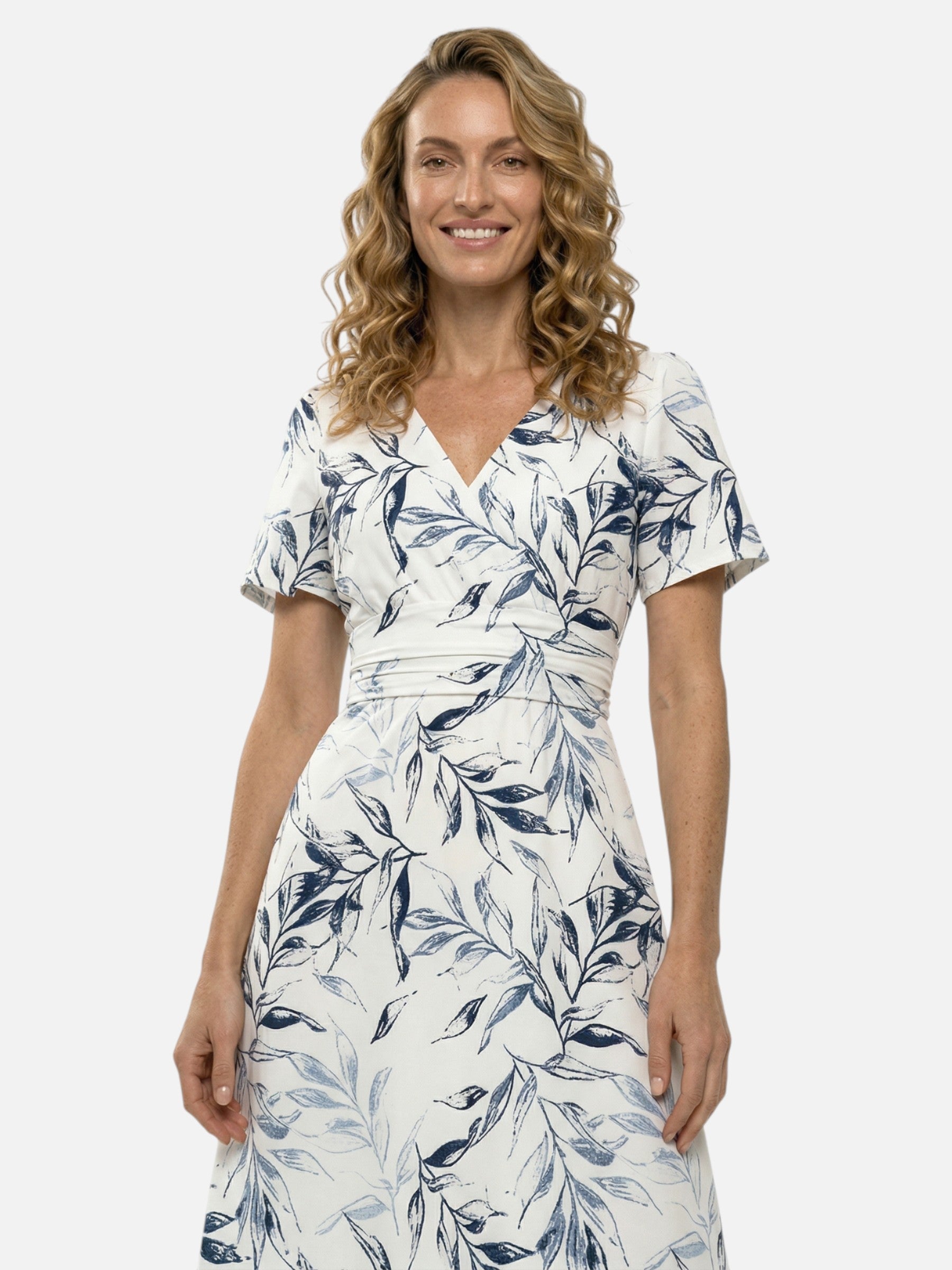 Robe midi imprimé feuilles col V coupe évasée pour femme