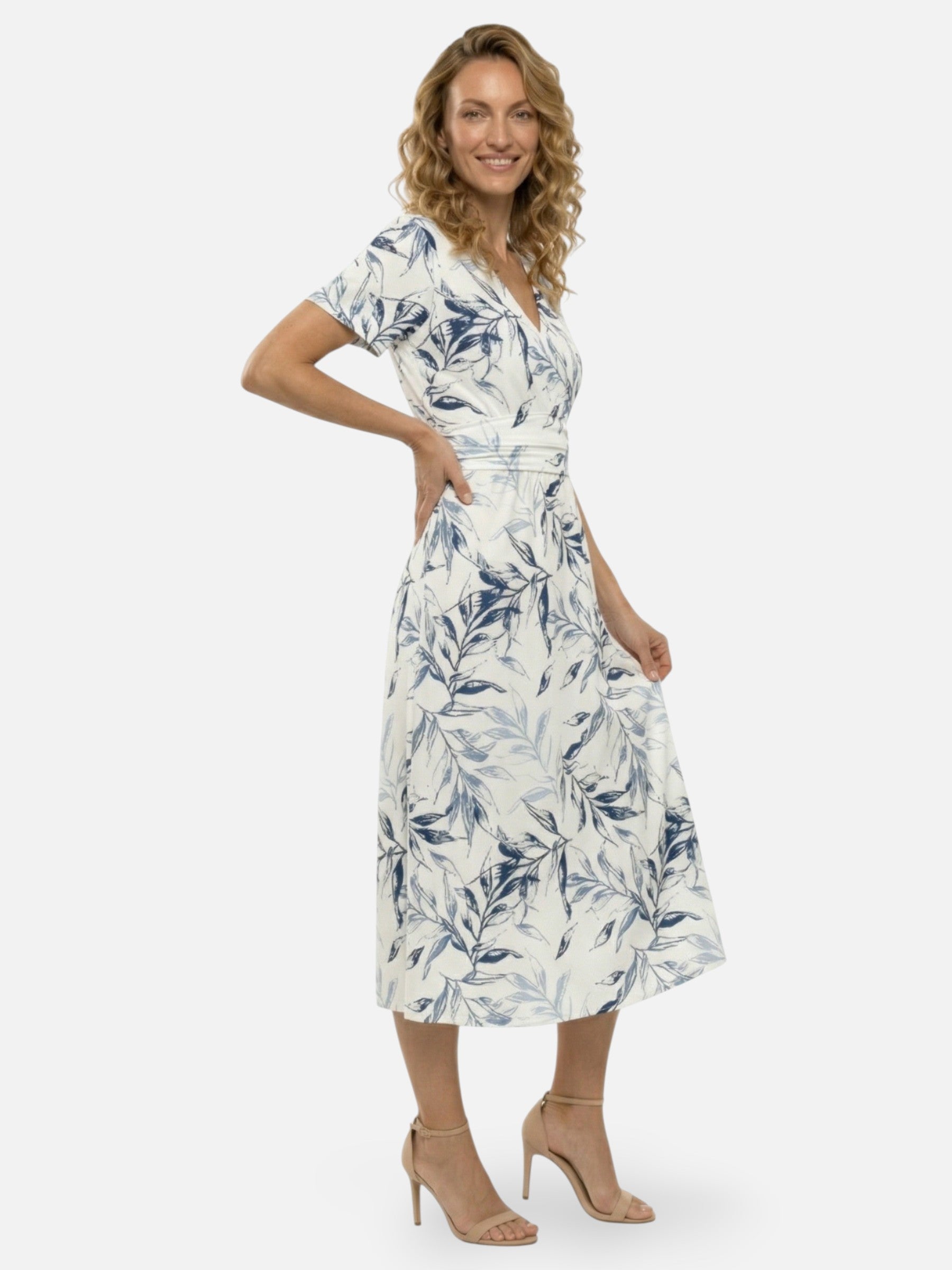 Robe midi imprimé feuilles col V coupe évasée pour femme