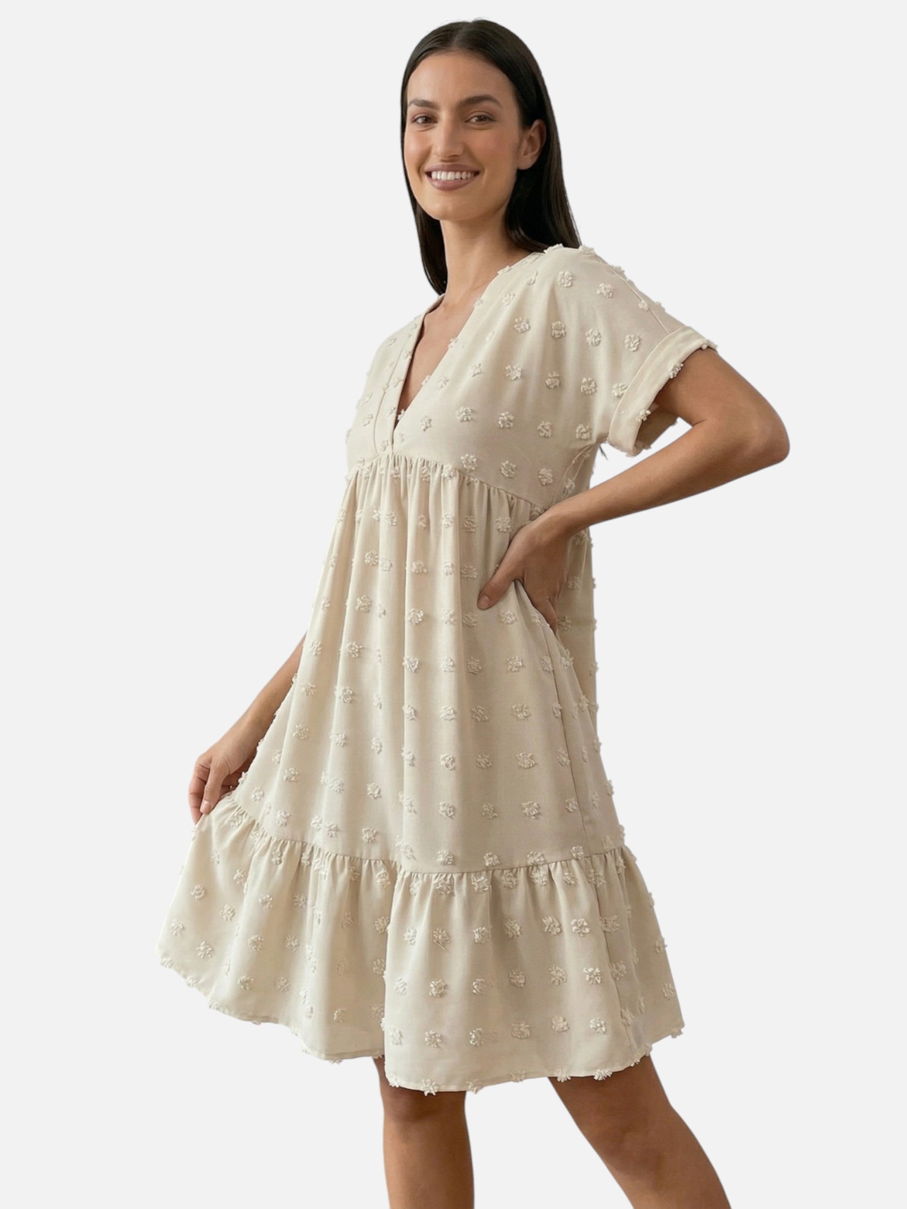 Short flowing summer women's dress with V-neck, short sleeves, and textured details