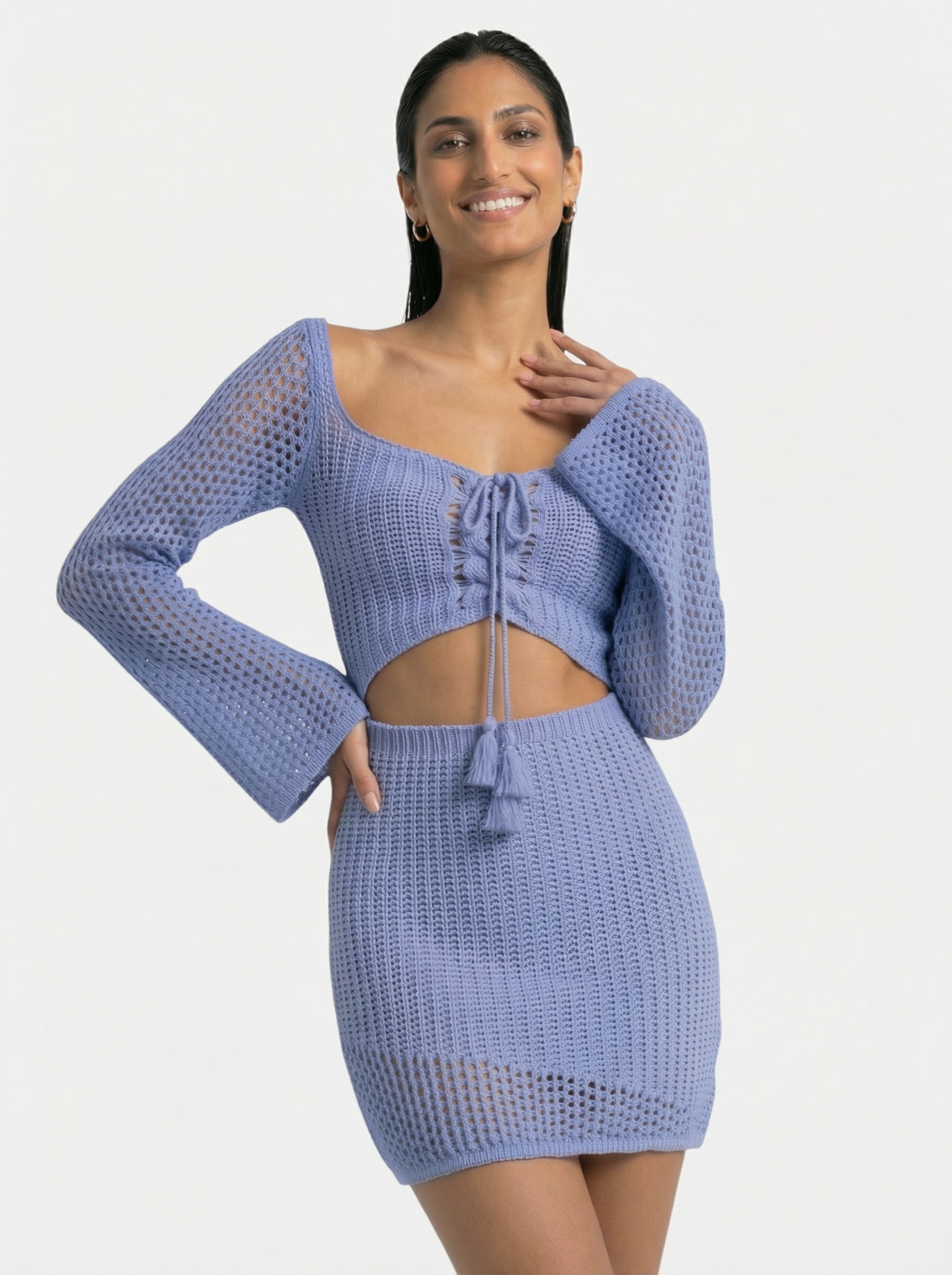 Openwork crochet long-sleeve beach dress for women