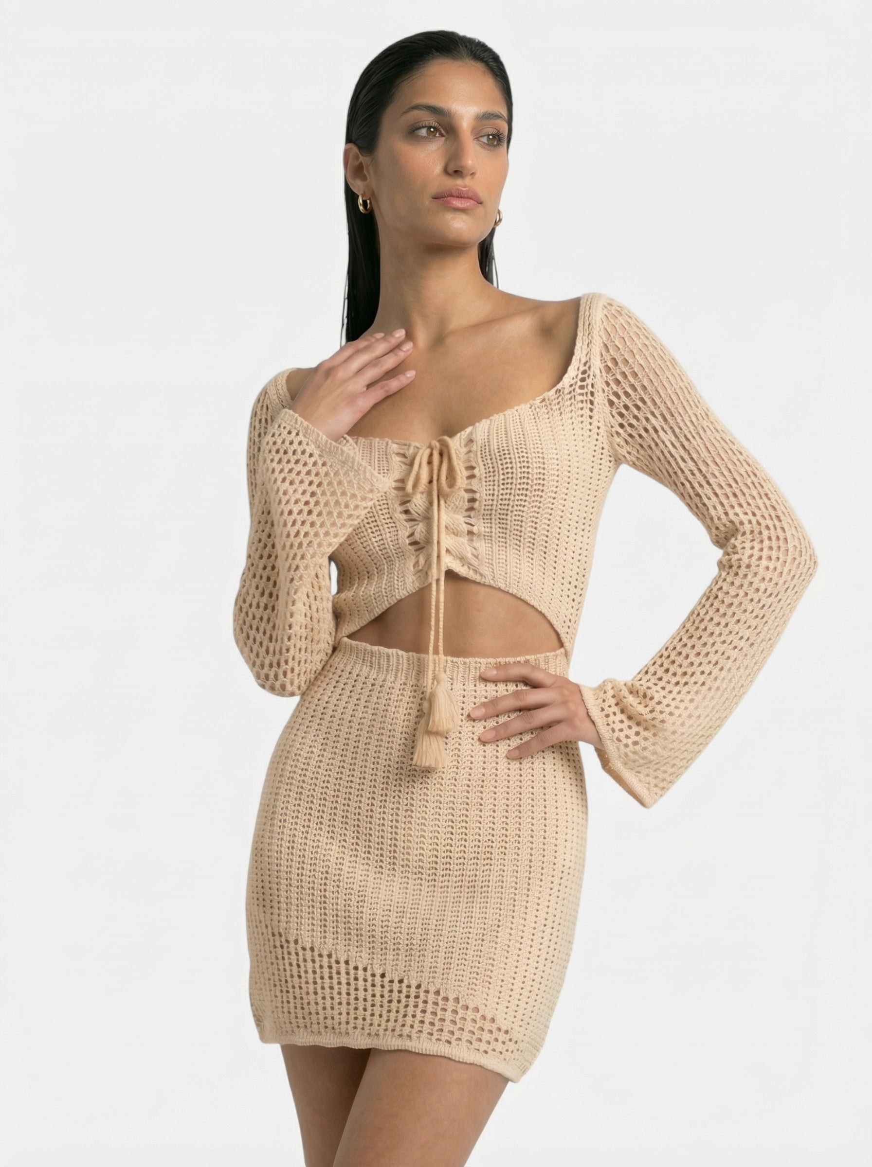 Openwork crochet long-sleeve beach dress for women