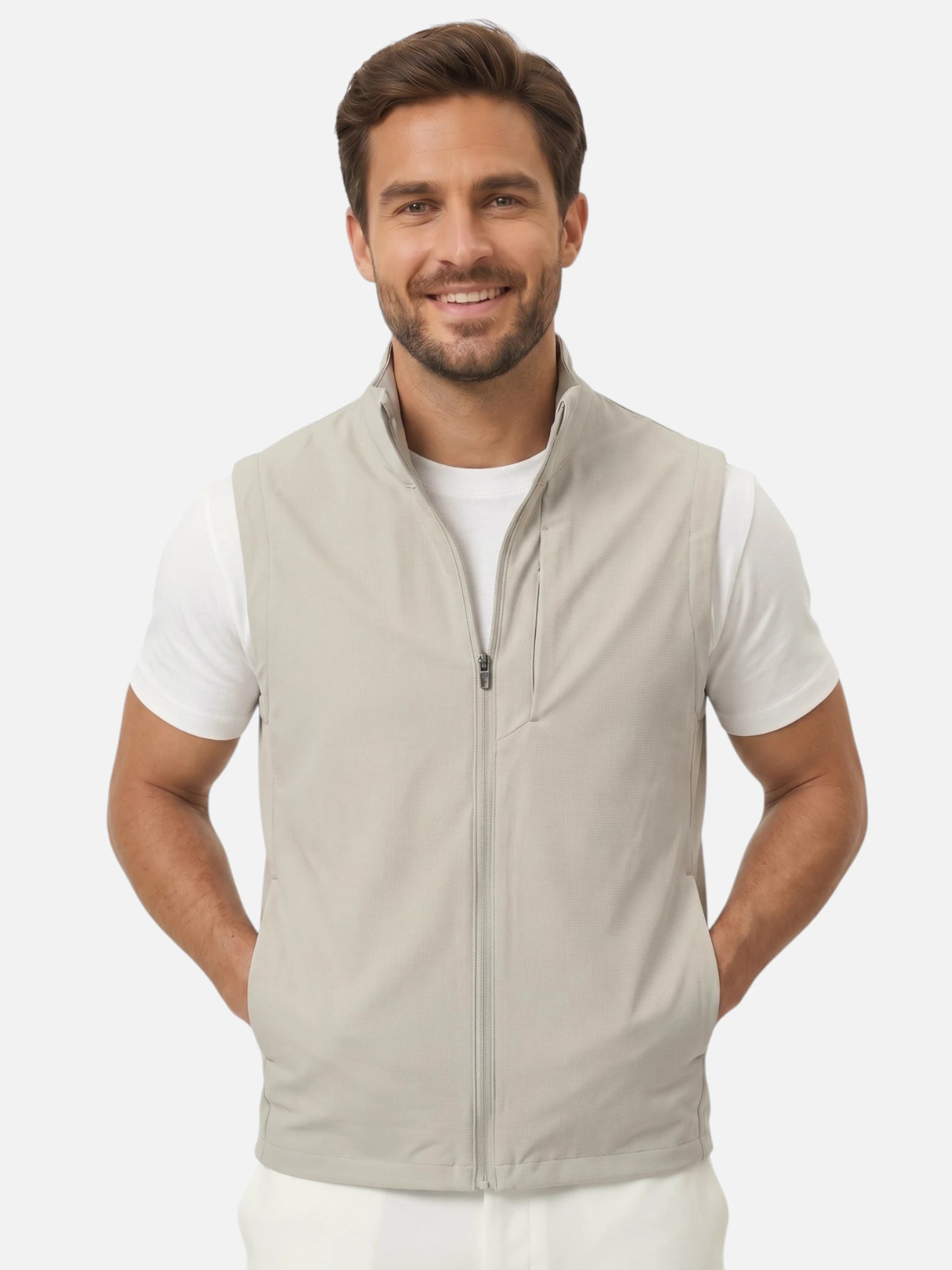 Men's zip-up vest with stand-up collar, sporty cut, and chest pocket