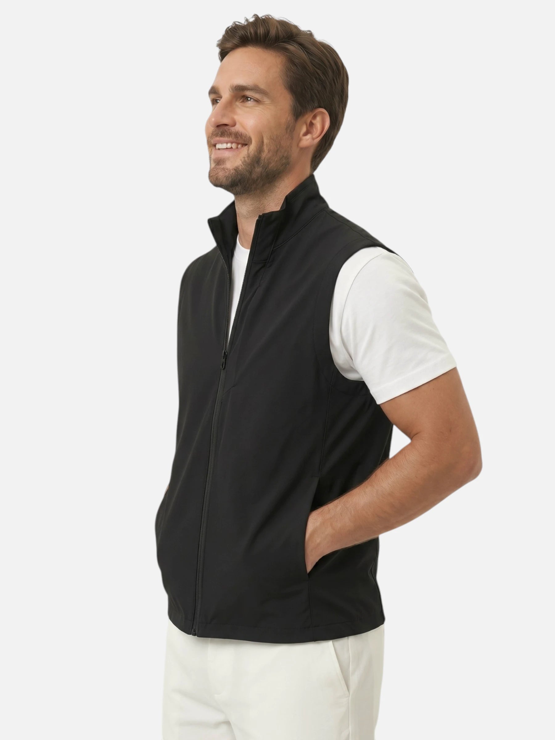 Men's zip-up vest with stand-up collar, sporty cut, and chest pocket