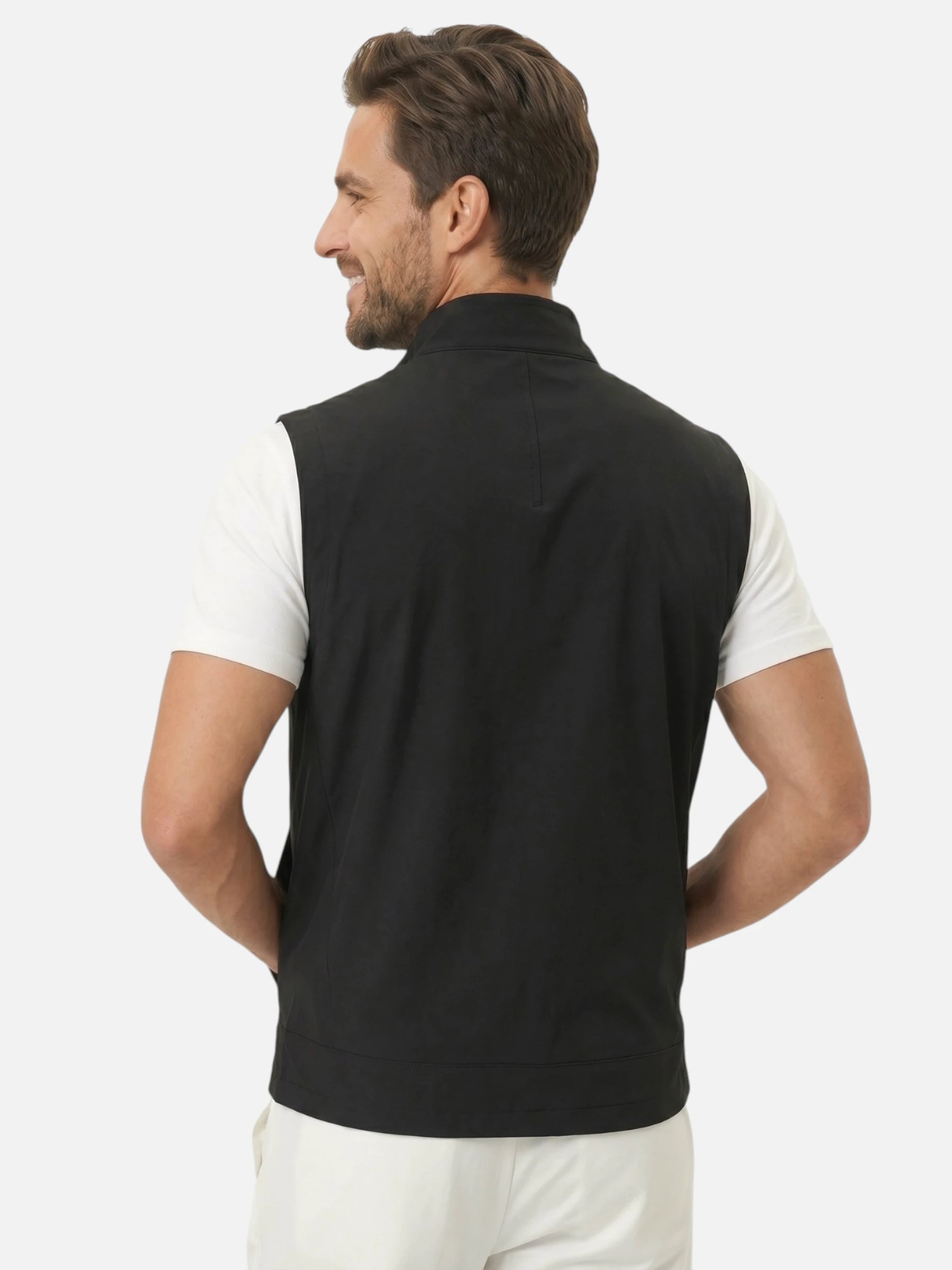 Men's zip-up vest with stand-up collar, sporty cut, and chest pocket