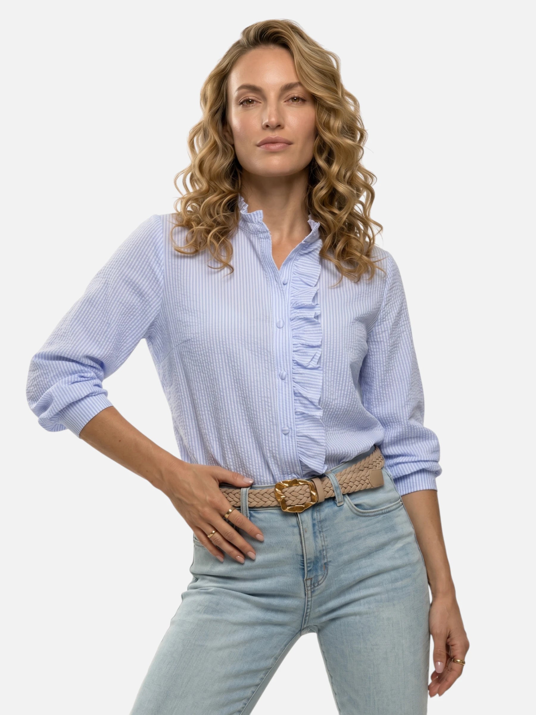 Chemise femme texturée à rayures avec détails volantés