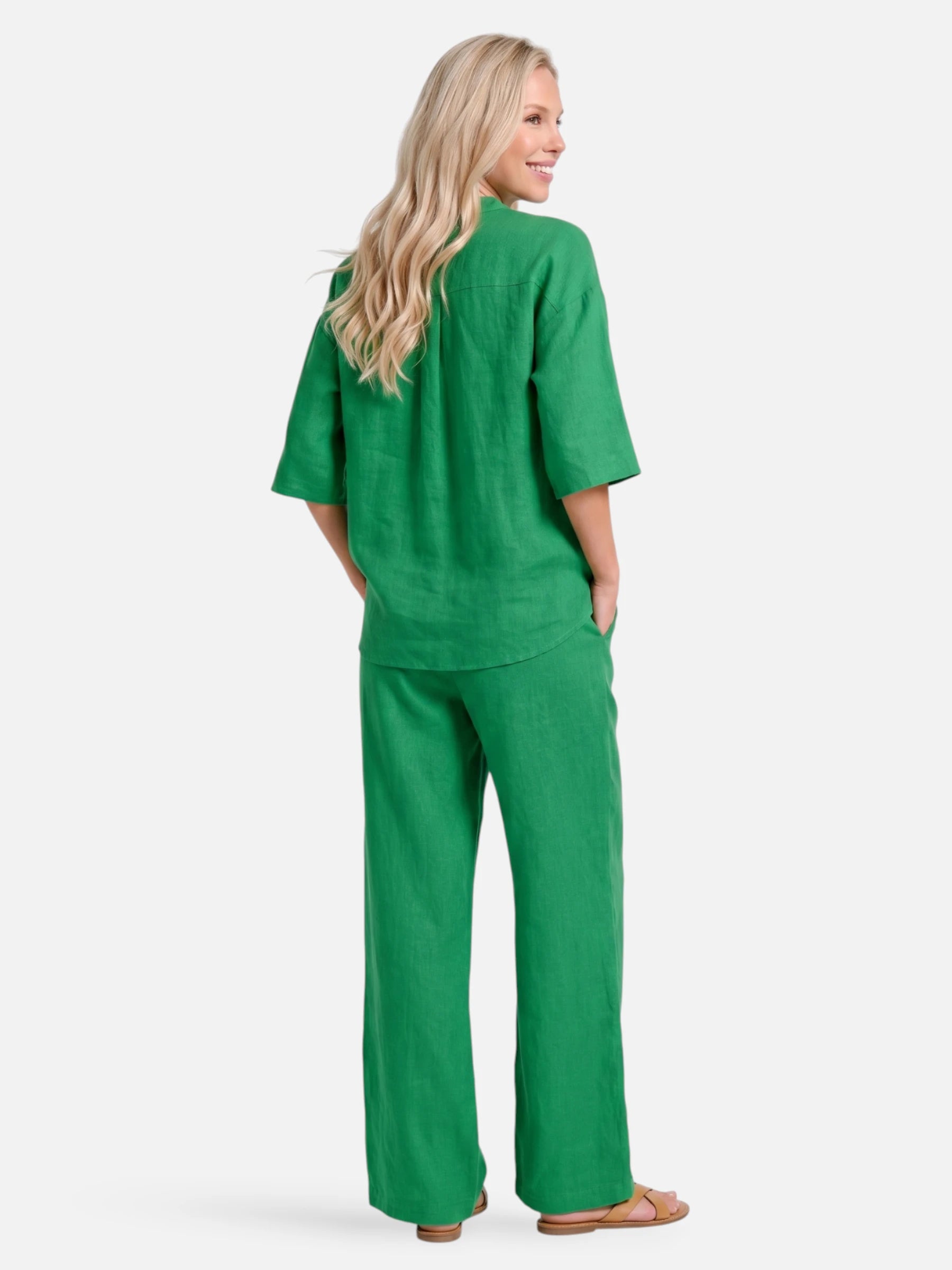 Casual linen set for women with wide pants and buttoned blouse