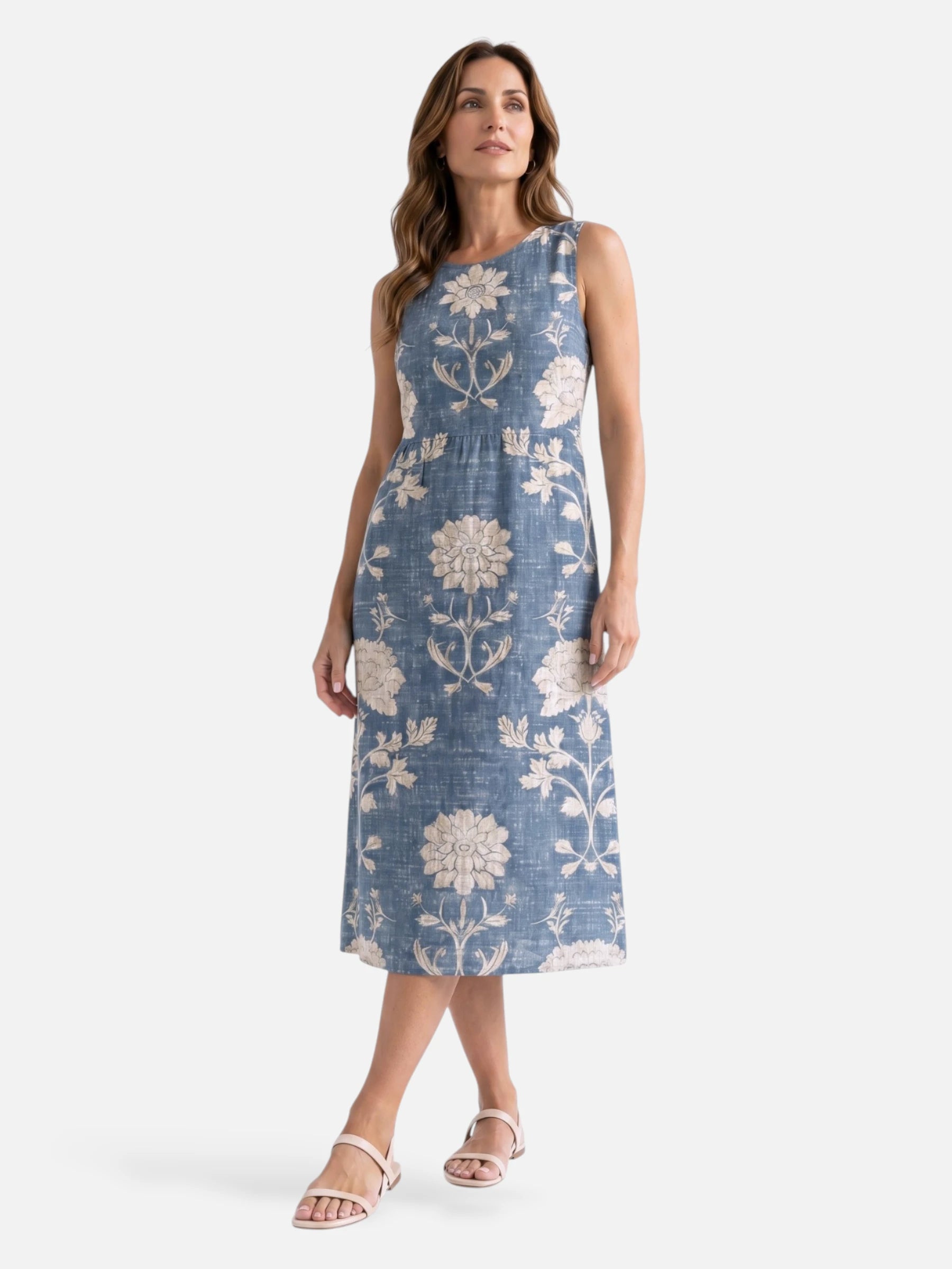 Robe midi bleue sans manches imprimé floral et col rond