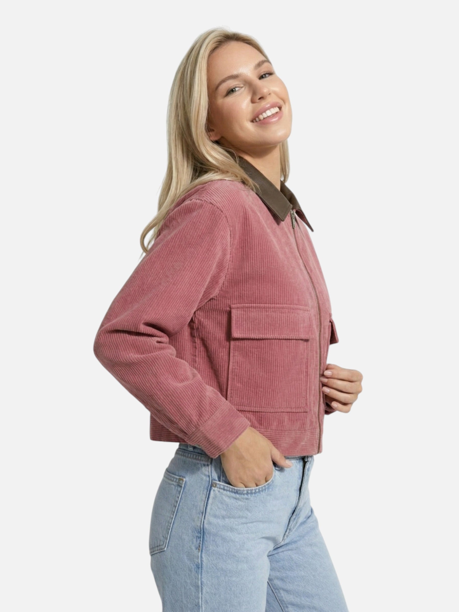 Veste femme légère courte avec col contrasté et zip