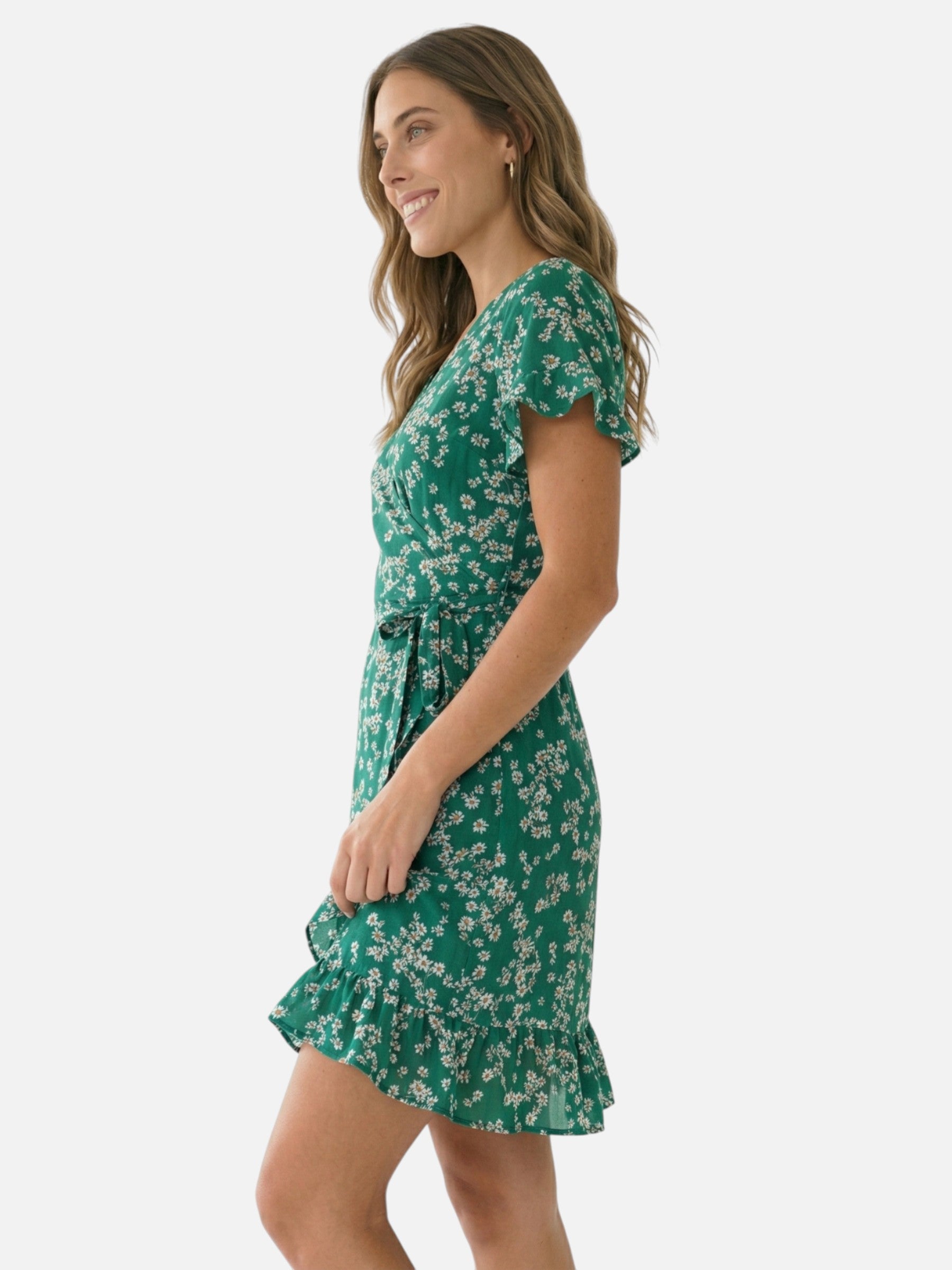 Short floral wrap summer dress with short sleeves and ruffle for women