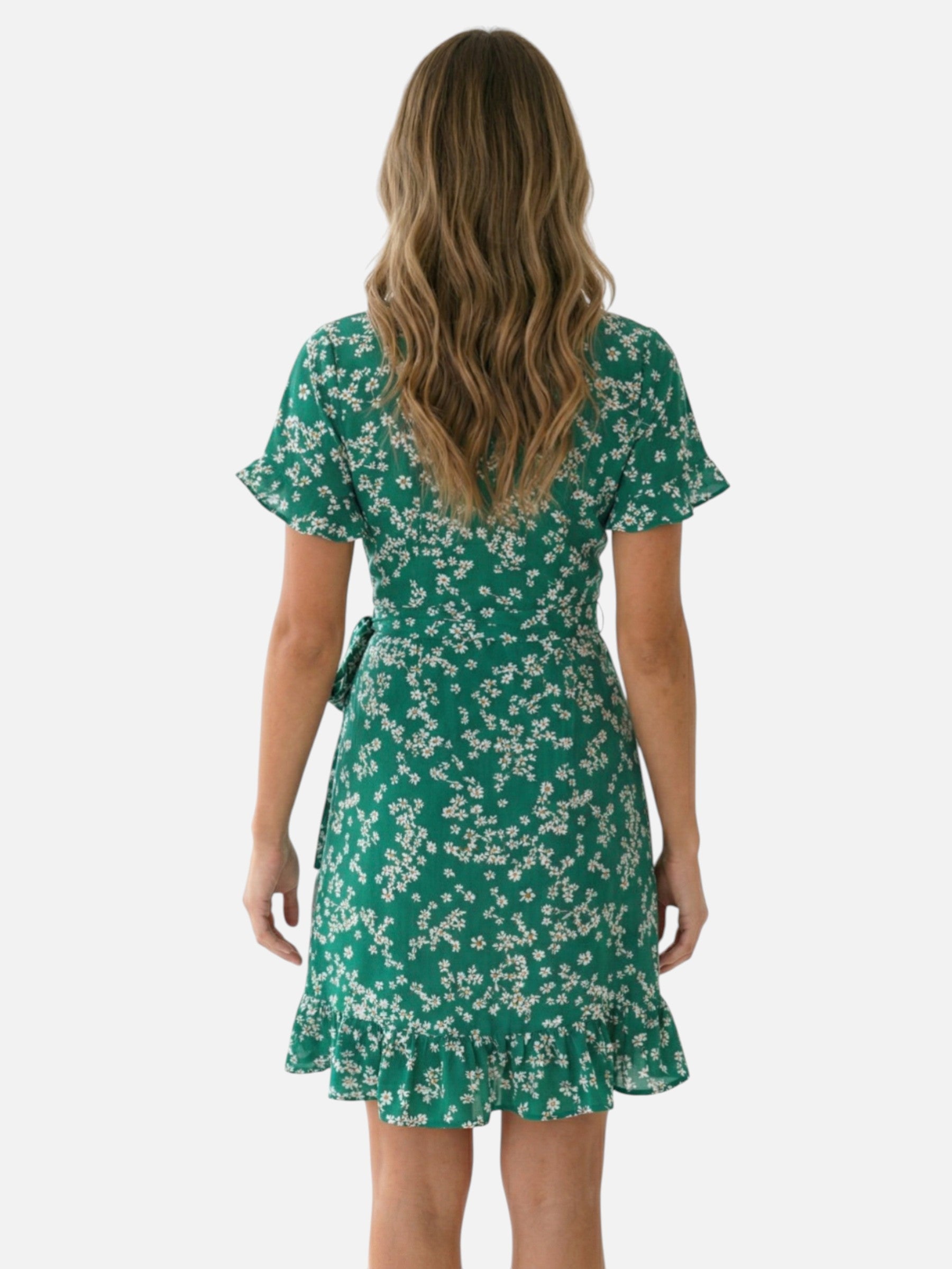 Short floral wrap summer dress with short sleeves and ruffle for women