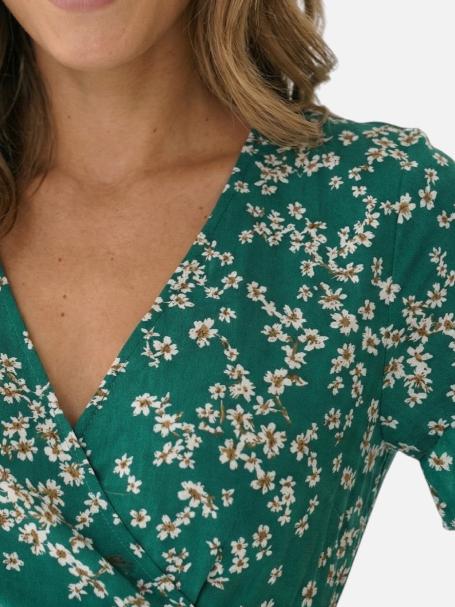 Short floral wrap summer dress with short sleeves and ruffle for women