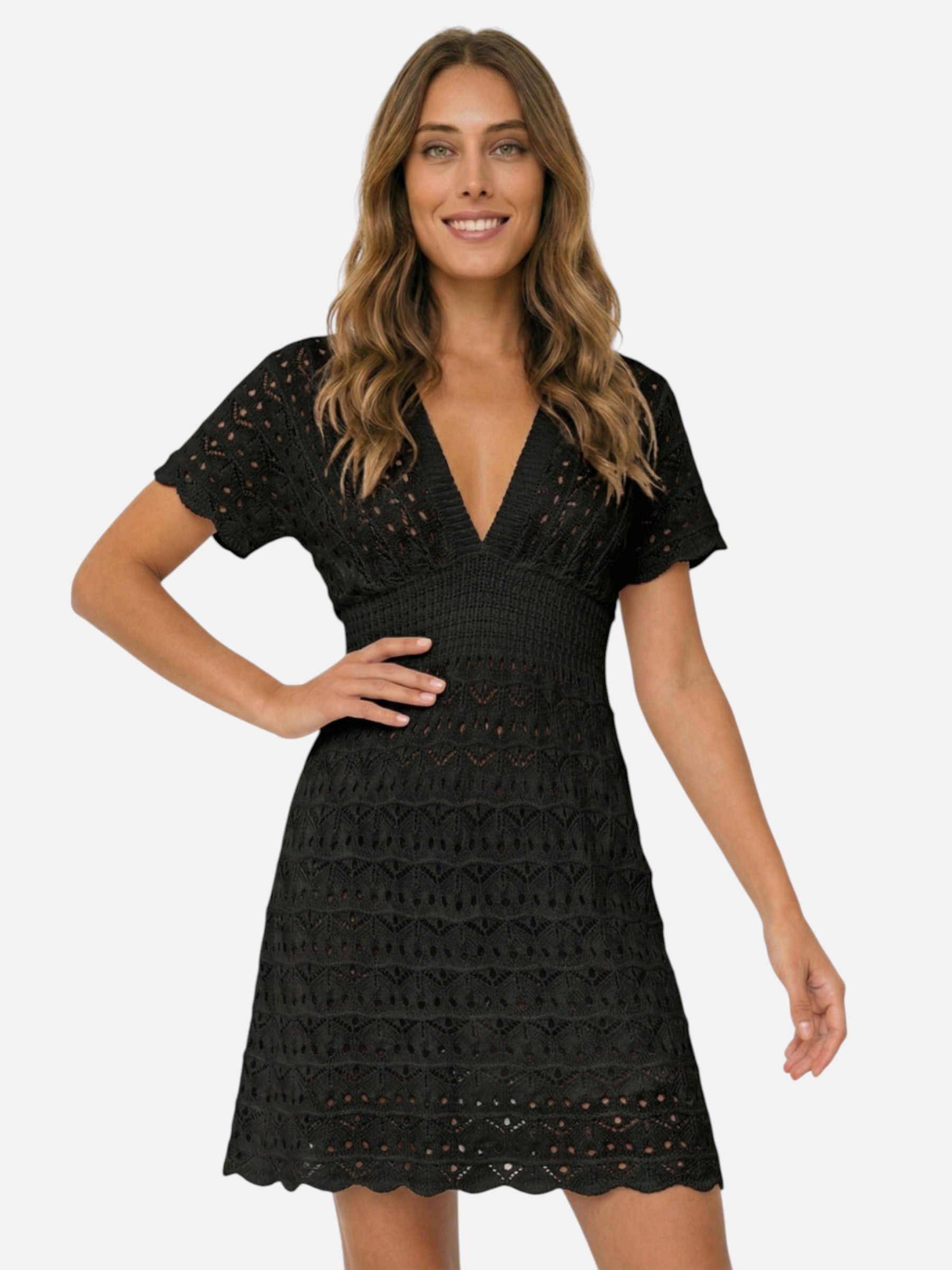 Robe courte de plage en maille col V pour femme