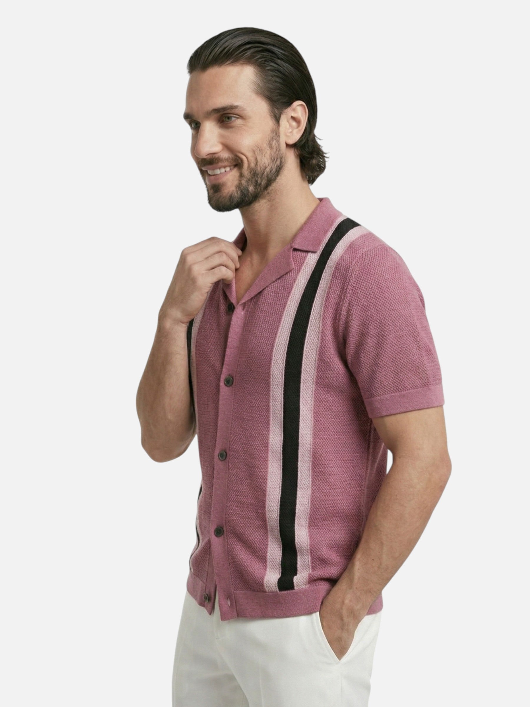 Men's polo shirt in textured knit with vertical stripes and elegant Cuban collar
