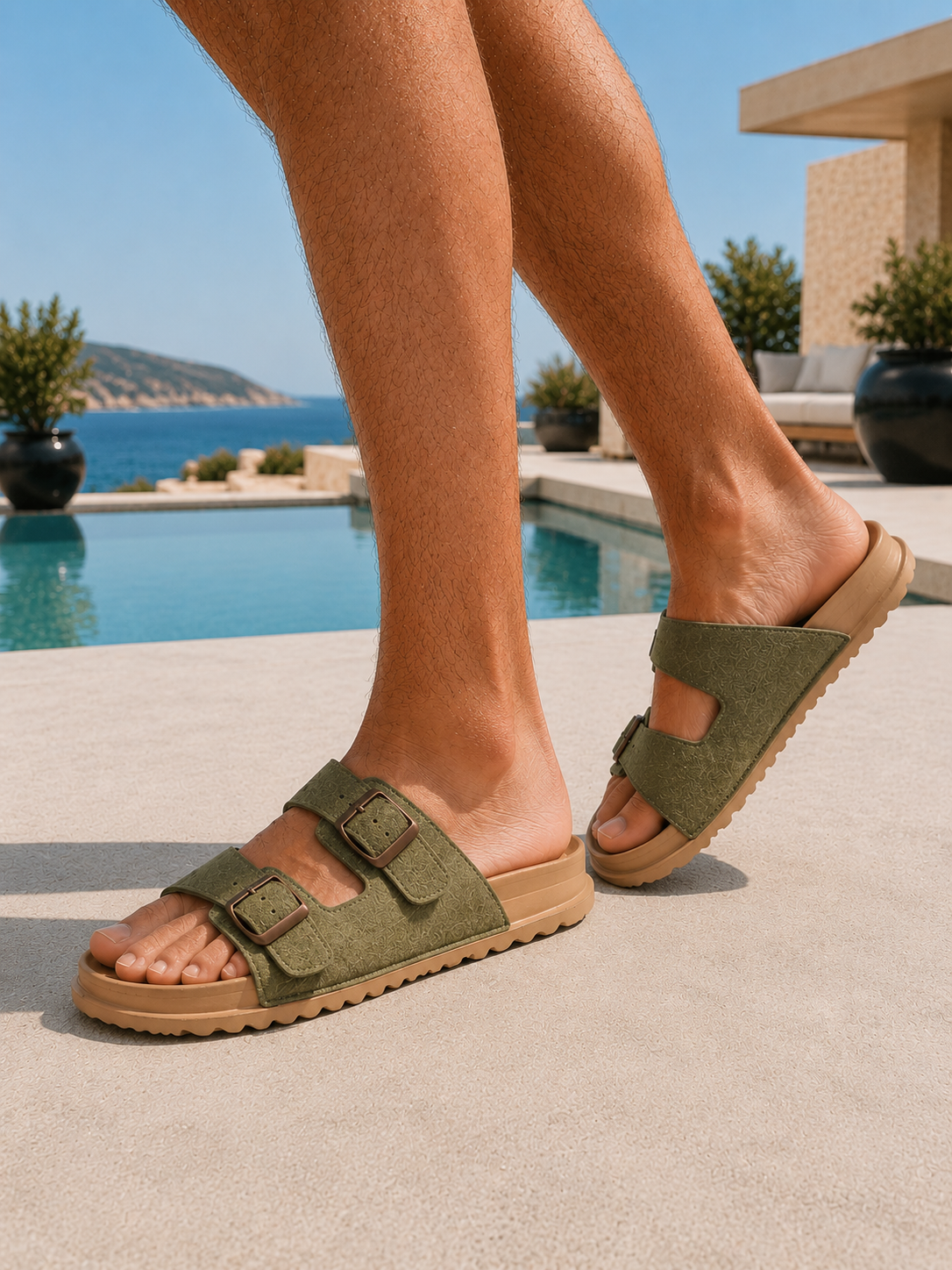 Sandalia para hombre con doble tira y hebillas metálicas