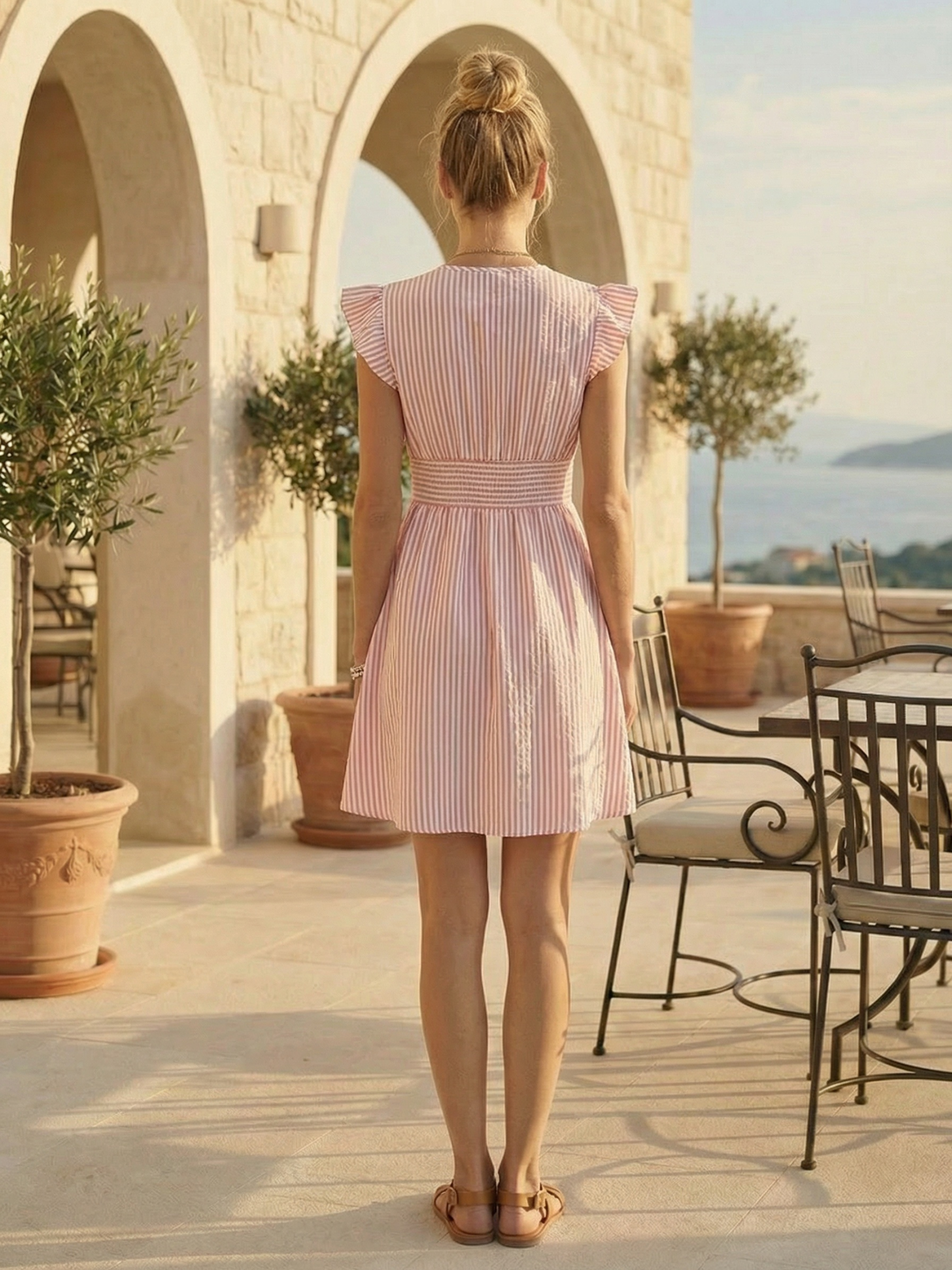 Striped summer dress with flutter sleeves for women
