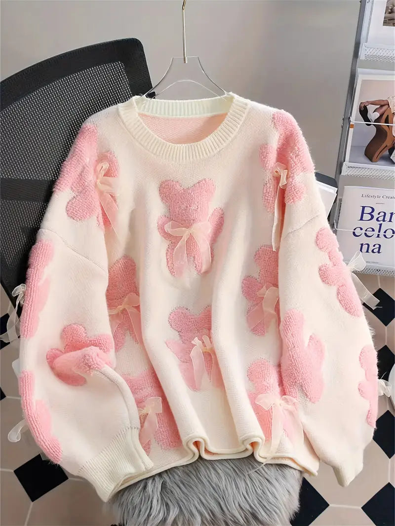 Pull nounours surdimensionné avec nœuds pour femmes