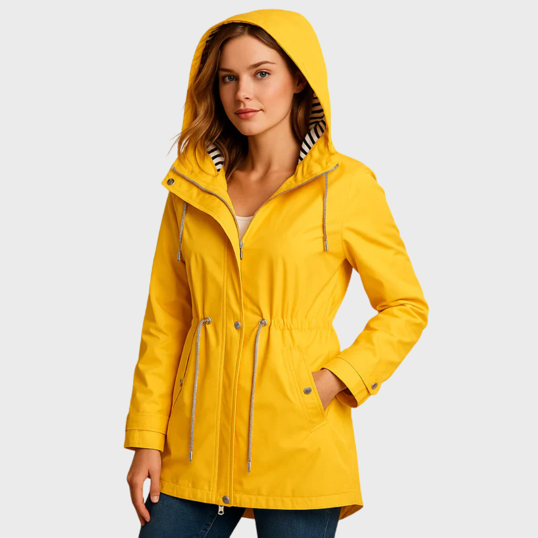Lightweight waterproof women's coat with pockets and drawstring