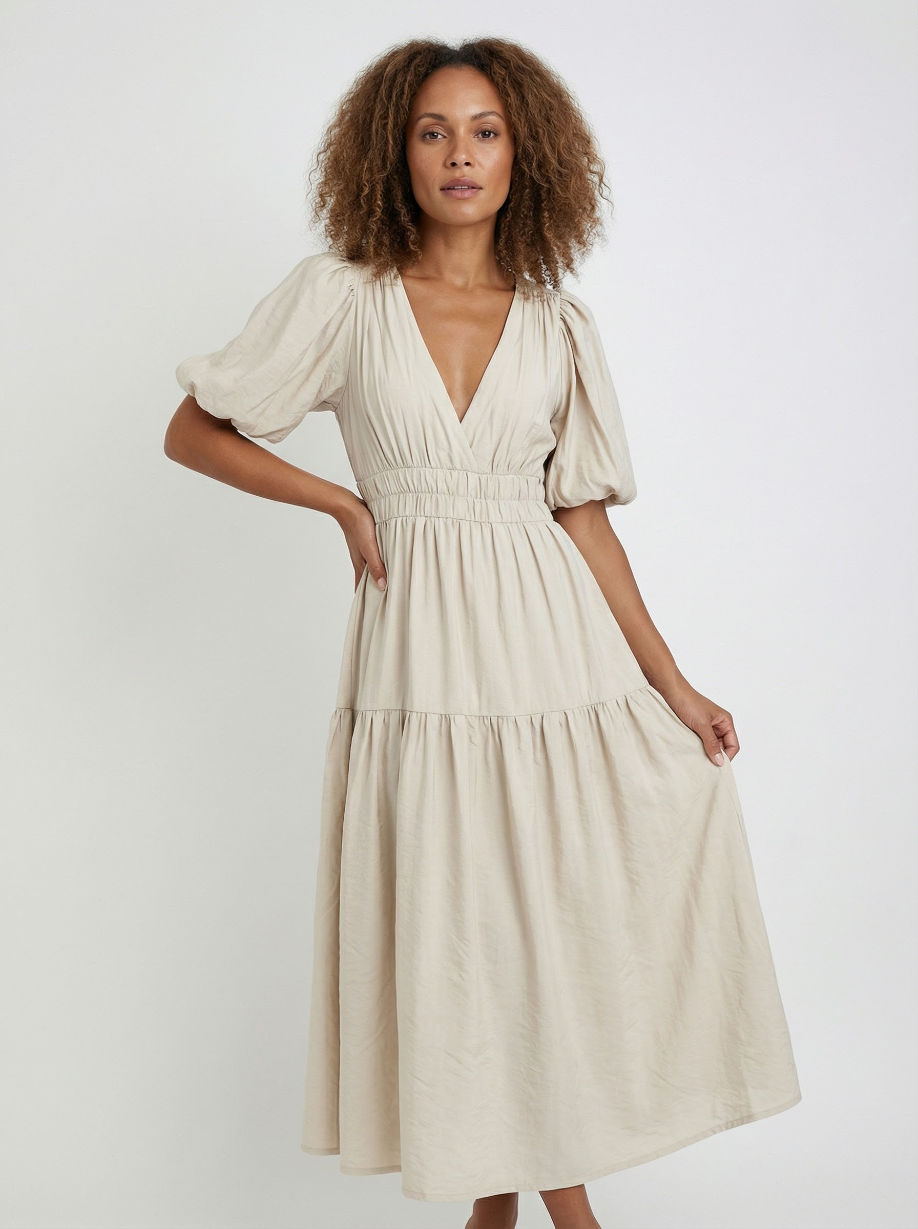 Robe midi élégante à manches bouffantes pour femme
