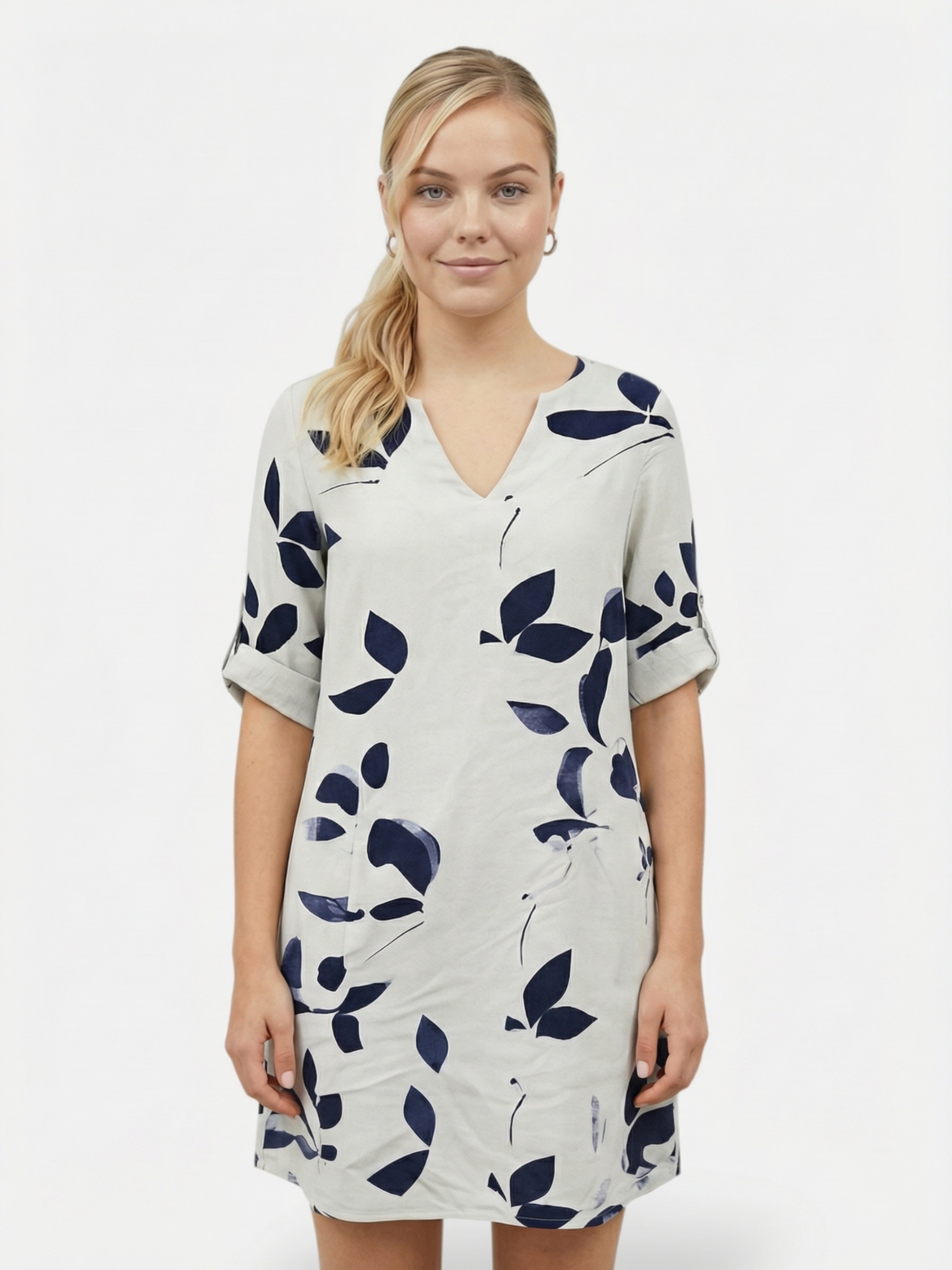 Vestido con cuello en V con estampado de hojas y mangas remangadas para mujer