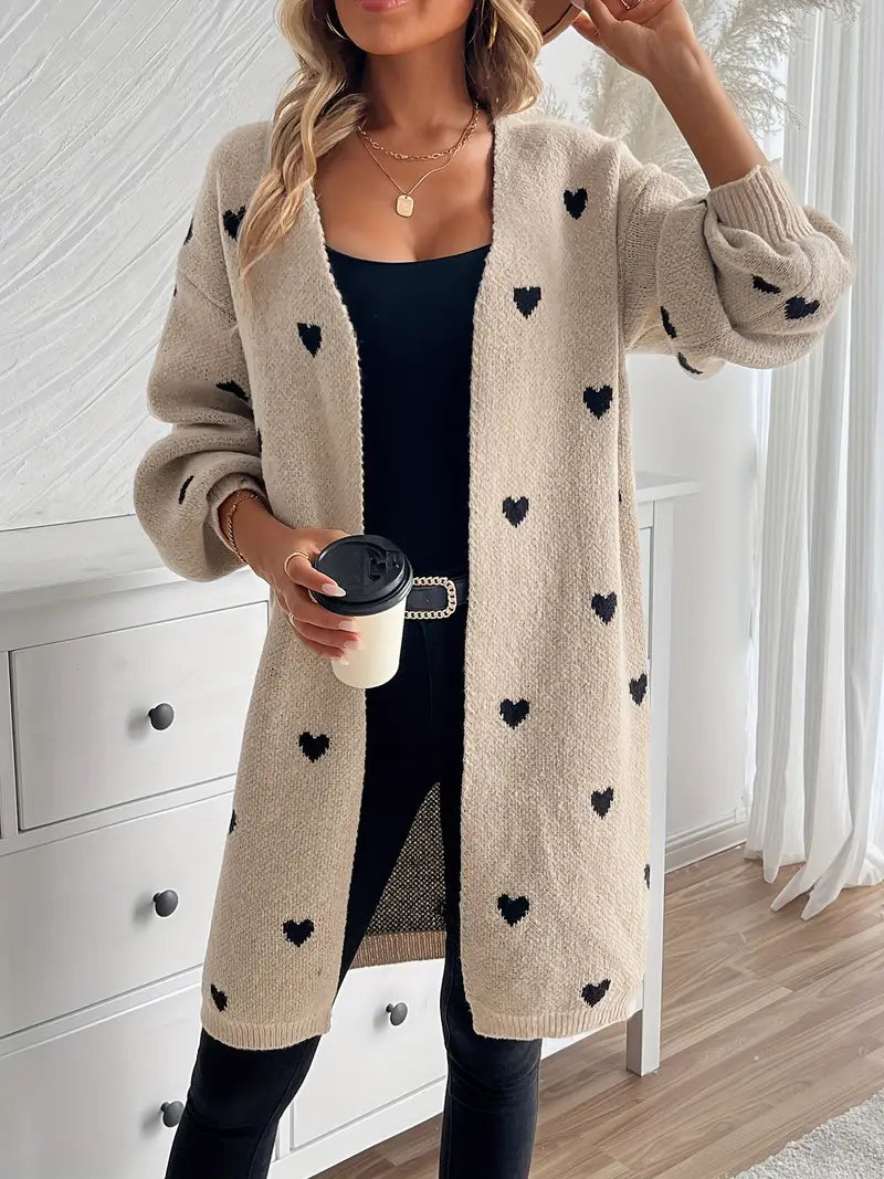 Cardigan long en tricot à motifs de cœurs pour femmes