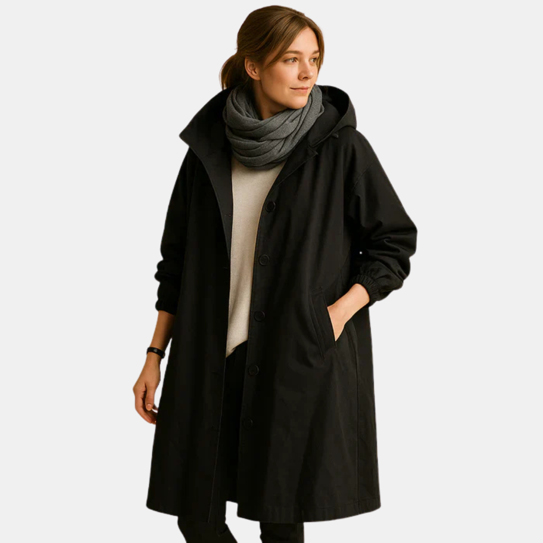 Long waterproof coat for women with hood and pockets