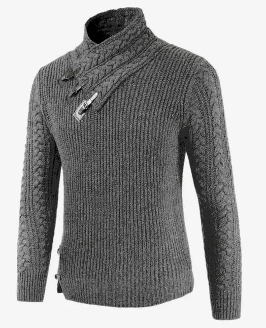 Pull en maille torsadée pour hommes avec col à boucles asymétriques