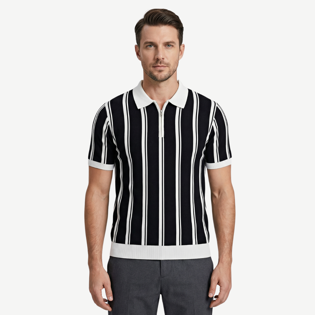 Striped knit polo with zip collar for men