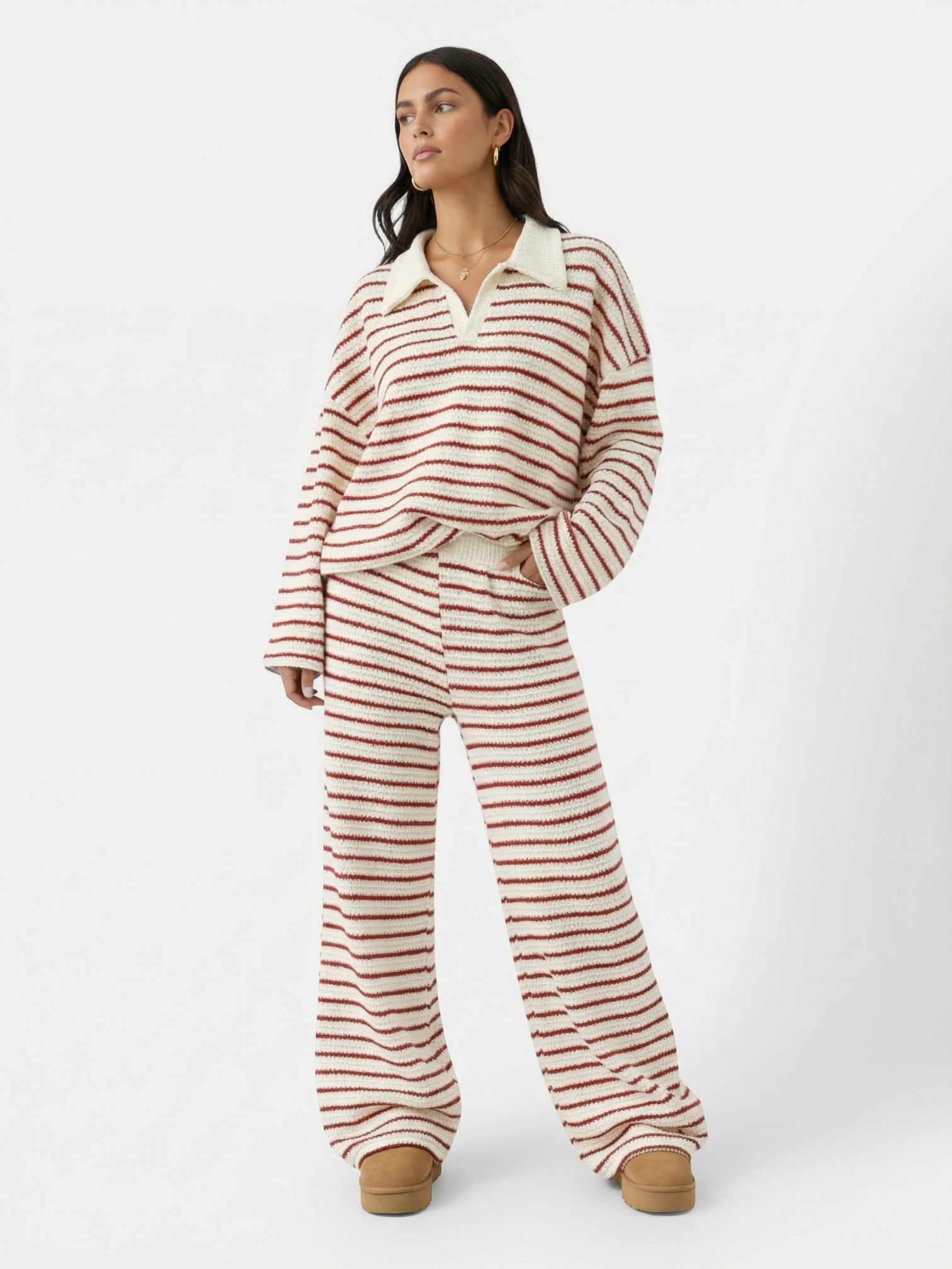 Ensemble maille rayée col polo pour femme