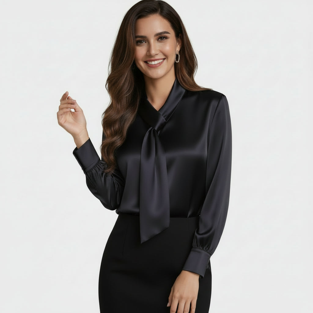 Elegant satin blouse with pussy bow for women